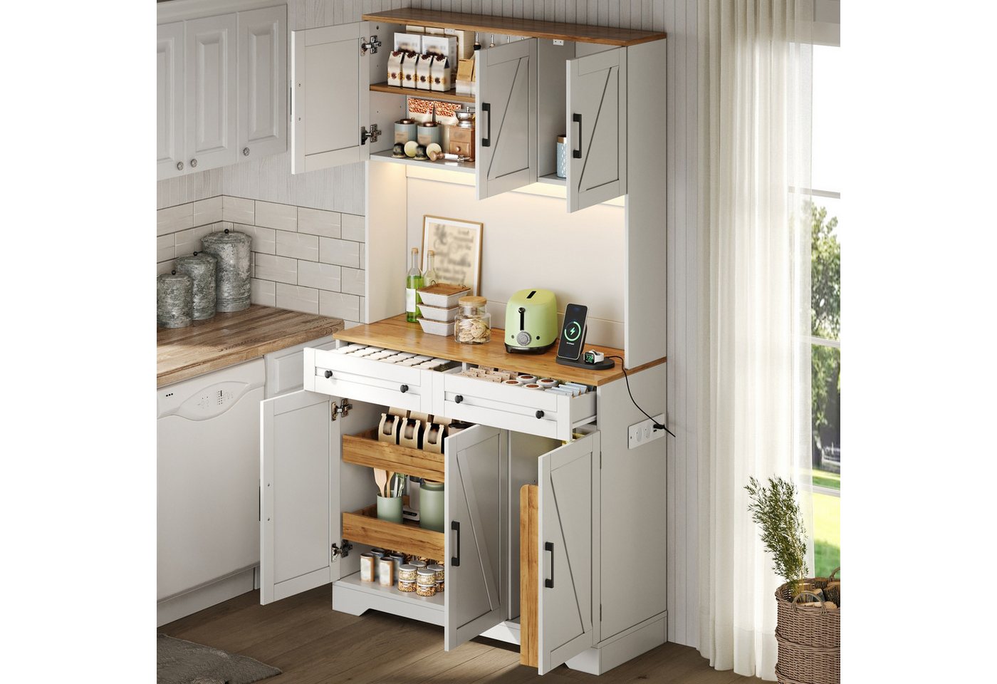Flieks Küchenbuffet Hochschrank mit LED-Beleuchtung, Steckdosen, versteckter Schubladen (1-St., B100xT40xH180 cm) Küchenschrank mit Arbeitsplatte Holzoptik, verstellbarer Ablagen Weiß Bild 5