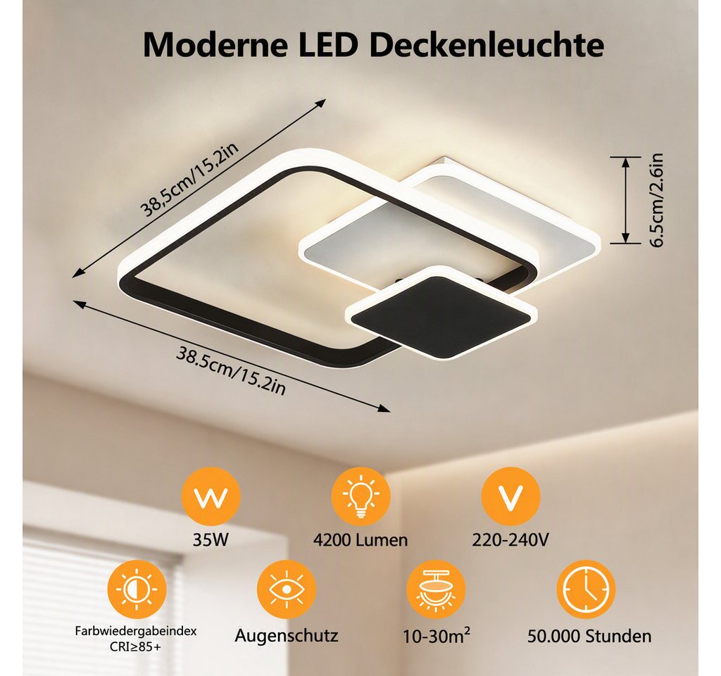 BlingBin LED Deckenleuchte dimmbar im 3Quadrat-Design, 35 W, Deckenlampe mit Bluetooth-App, 3Quadrat-Design, LED fest integriert, Warmweiß, Kaltweiß, Neutralweiß, 38,5 cm, weiß/Schwarz für Wohnzimmer, Schlafzimmer, Esszimmer