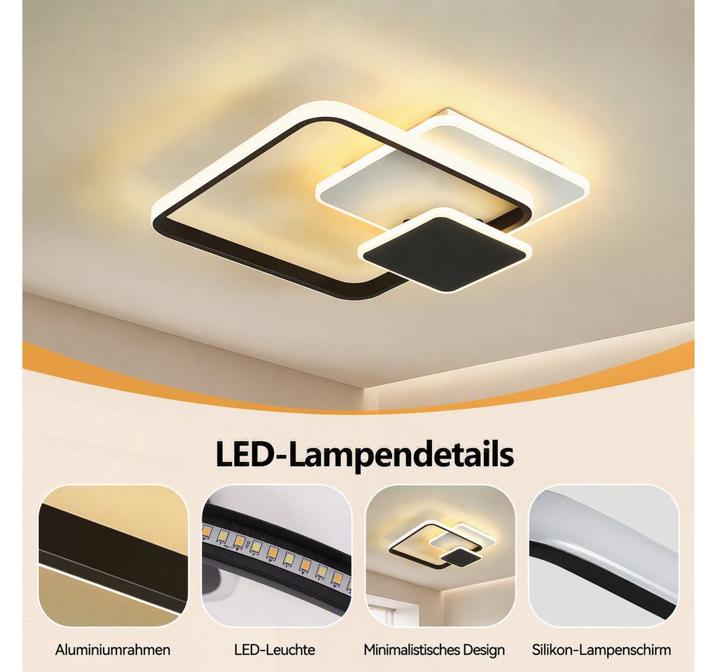 BlingBin LED Deckenleuchte dimmbar im 3Quadrat-Design, 35 W, Deckenlampe mit Bluetooth-App, 3Quadrat-Design, LED fest integriert, Warmweiß, Kaltweiß, Neutralweiß, 38,5 cm, weiß/Schwarz für Wohnzimmer, Schlafzimmer, Esszimmer Bild 2