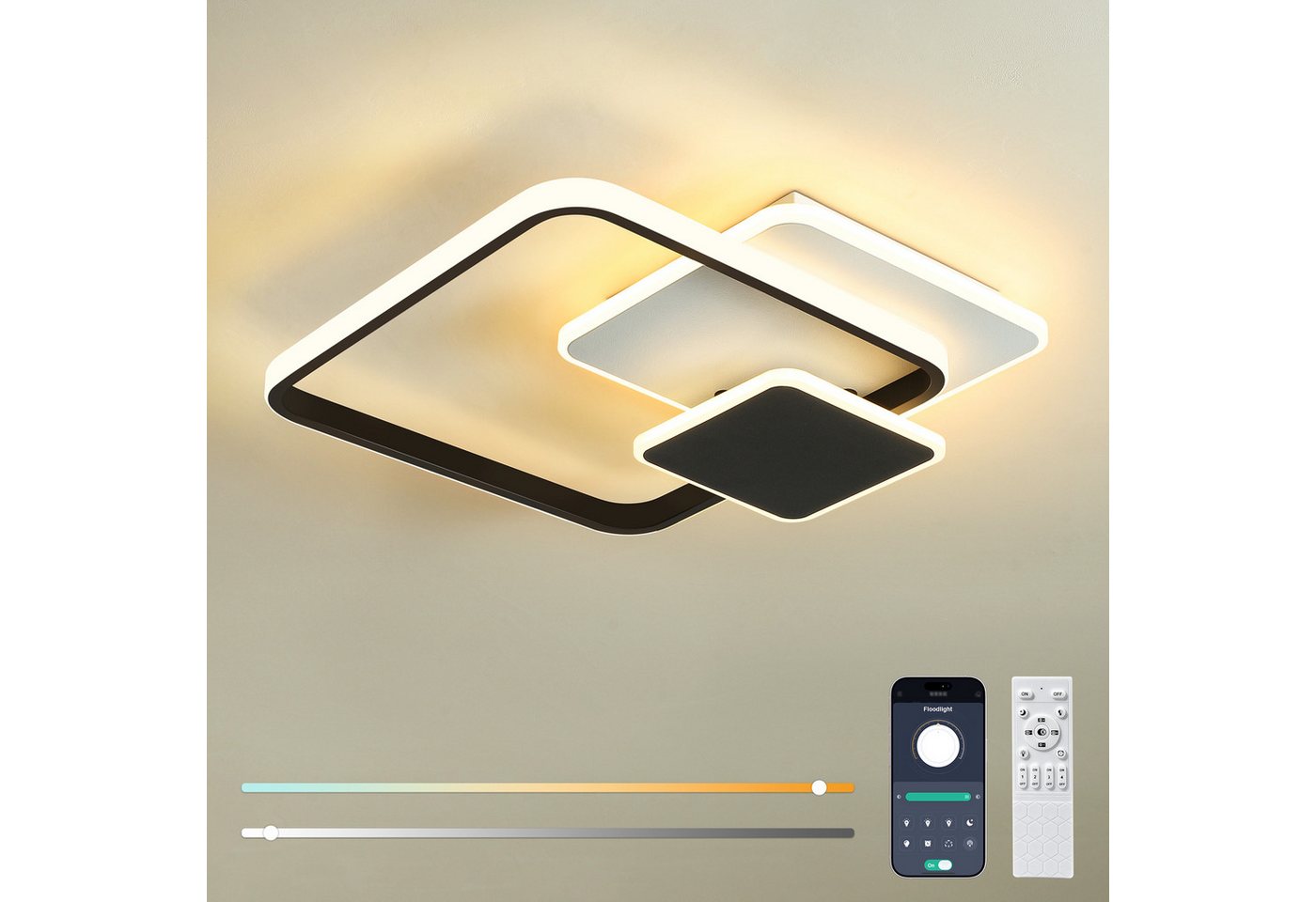 BlingBin LED Deckenleuchte dimmbar im 3Quadrat-Design, 35 W, Deckenlampe mit Bluetooth-App, 3Quadrat-Design, LED fest integriert, Warmweiß, Kaltweiß, Neutralweiß, 38,5 cm, weiß/Schwarz für Wohnzimmer, Schlafzimmer, Esszimmer Bild 3