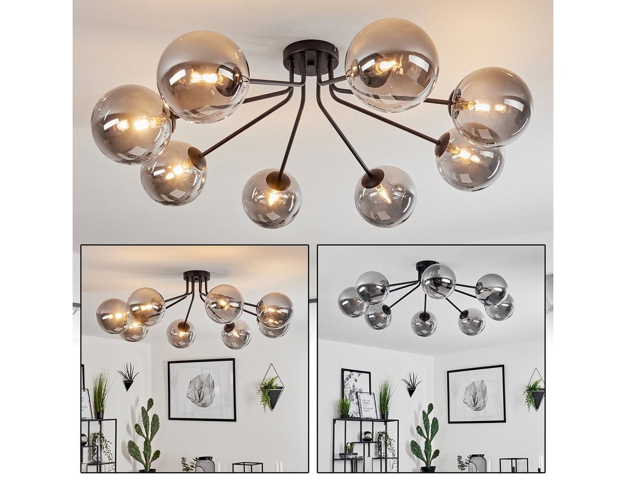 hofstein Deckenleuchte »Garaguso« moderne Deckenlampe aus Metall/Glas in Schwarz/Rauchfarben, ohne Leuchtmittel, Leuchte im Retro/Vintage-Design mit Schirmen aus Rauchglas, 8xG9