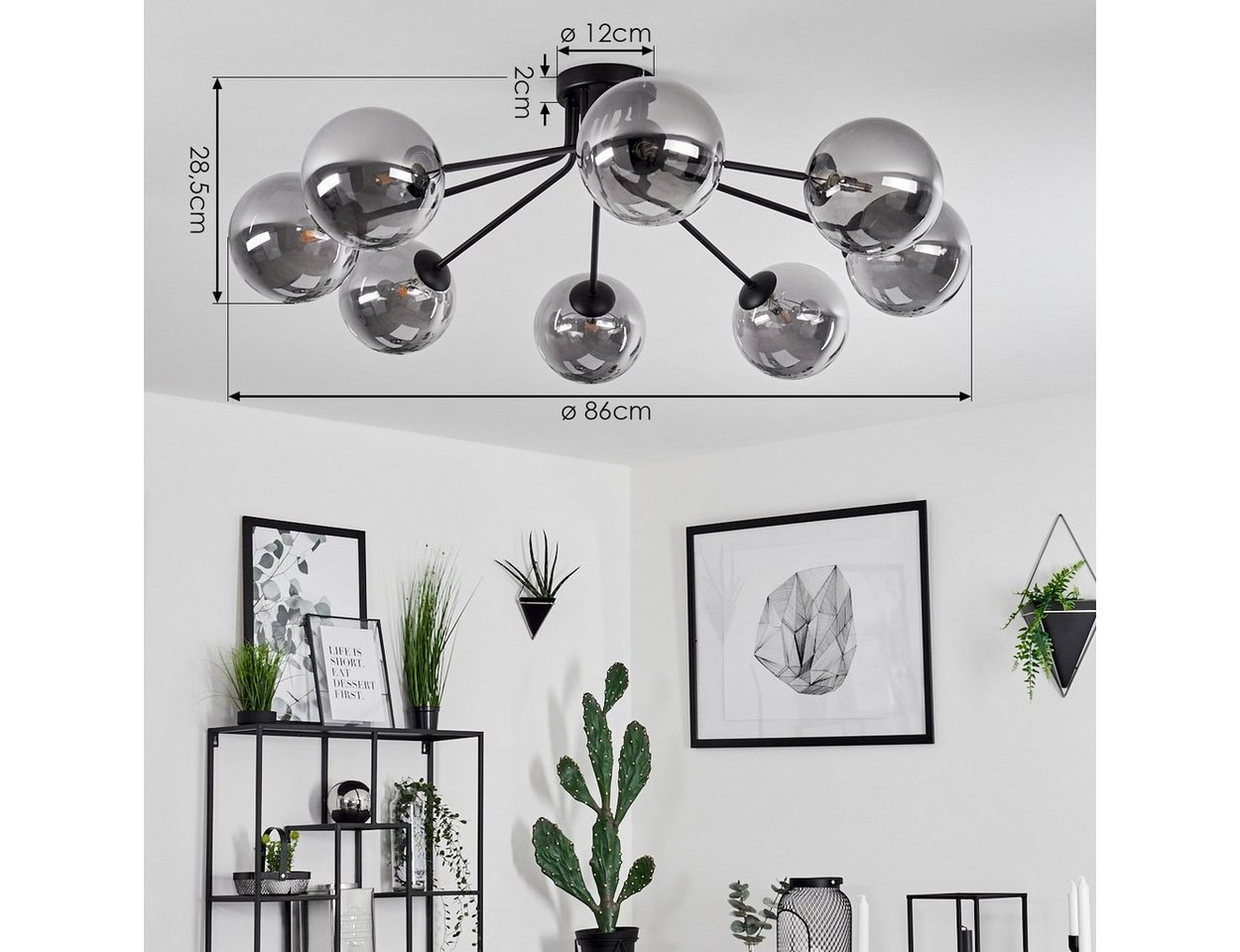 hofstein Deckenleuchte »Garaguso« moderne Deckenlampe aus Metall/Glas in Schwarz/Rauchfarben, ohne Leuchtmittel, Leuchte im Retro/Vintage-Design mit Schirmen aus Rauchglas, 8xG9 Bild 5