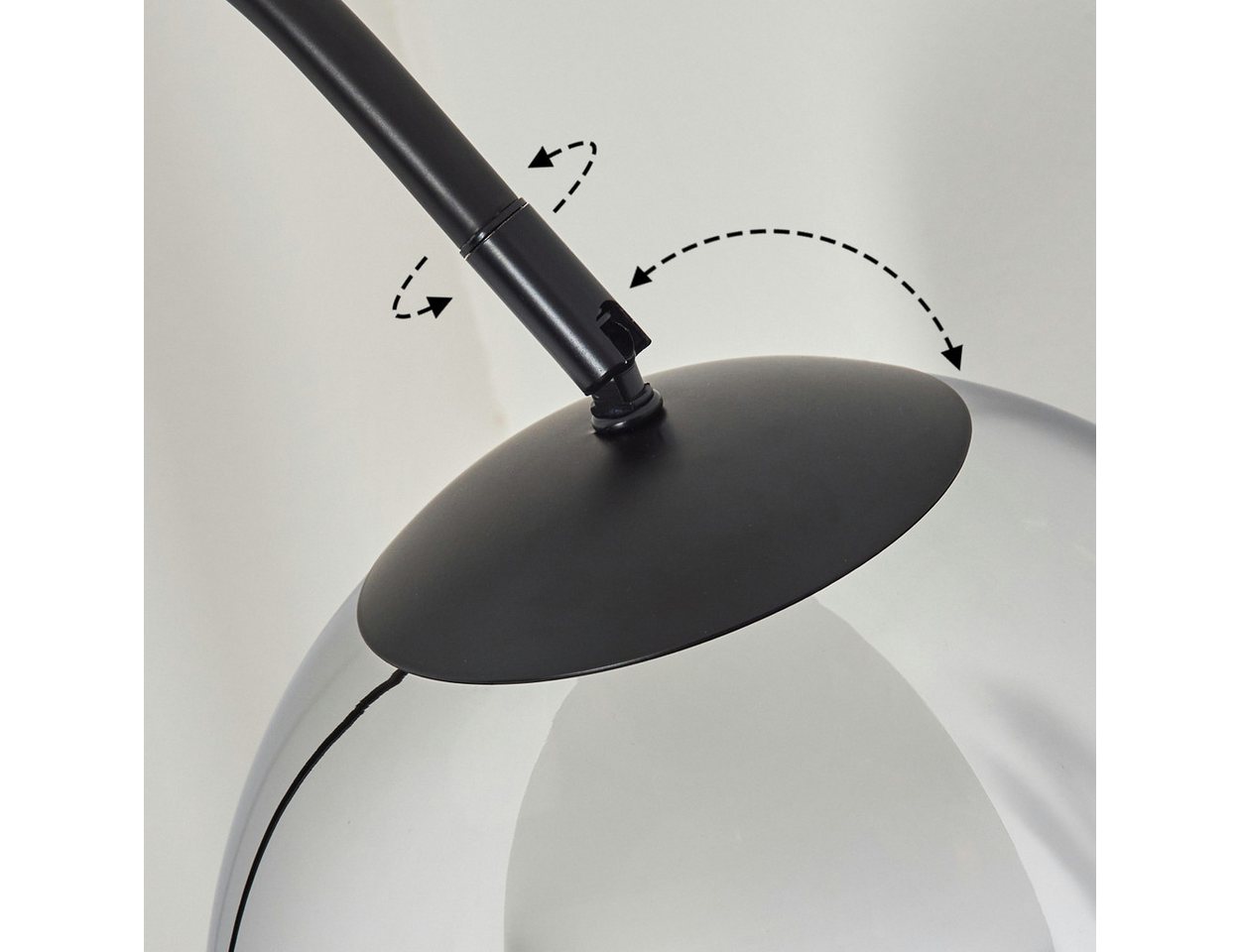 hofstein Bogenlampe Stehlampe aus Metall/Glas in Schwarz/Chrom/Rauch, ohne Leuchtmittel, Industrial-Design Leuchte m. Glasschirm (25cm) u. Fußschalter, 1xE27