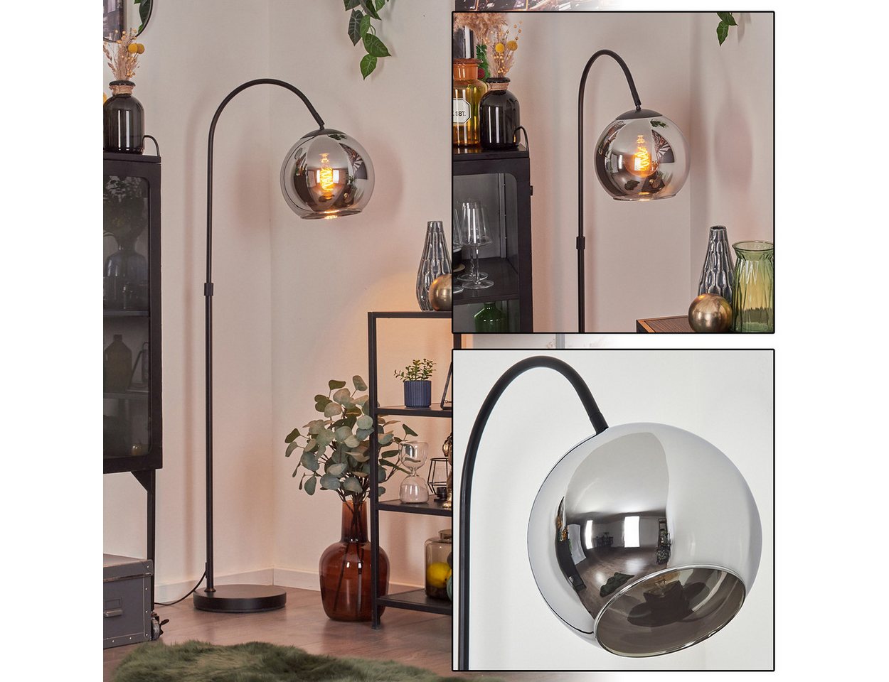 hofstein Bogenlampe Stehlampe aus Metall/Glas in Schwarz/Chrom/Rauch, ohne Leuchtmittel, Industrial-Design Leuchte m. Glasschirm (25cm) u. Fußschalter, 1xE27 Bild 2