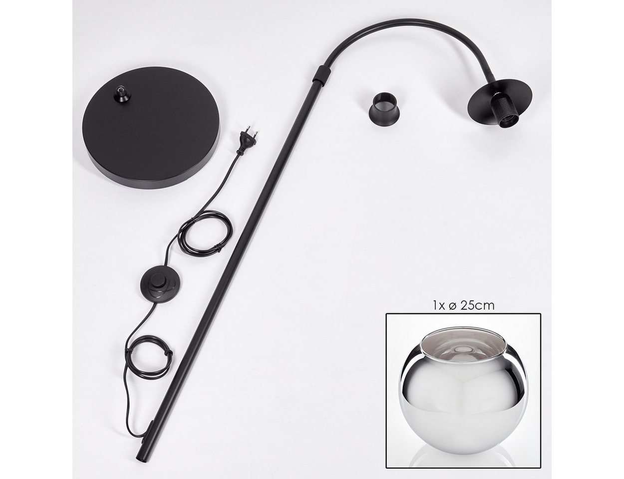 hofstein Bogenlampe Stehlampe aus Metall/Glas in Schwarz/Chrom/Rauch, ohne Leuchtmittel, Industrial-Design Leuchte m. Glasschirm (25cm) u. Fußschalter, 1xE27 Bild 4
