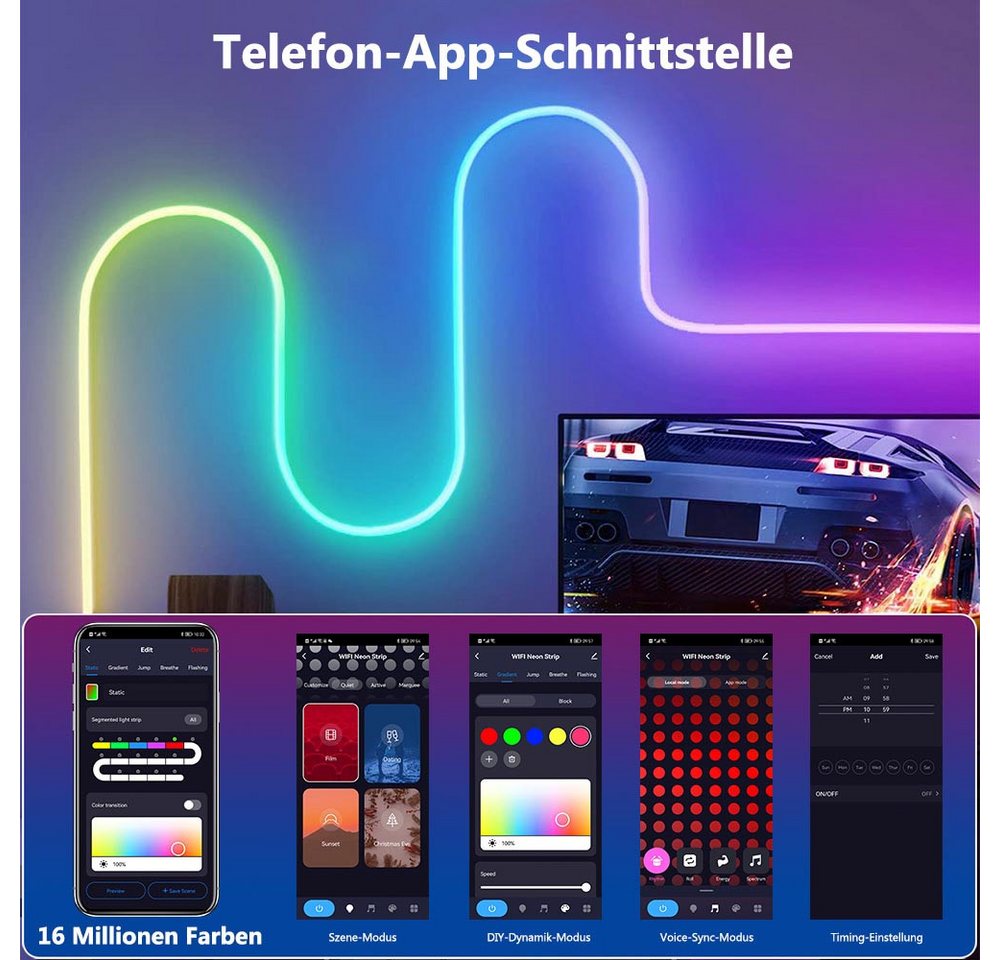 LMaxhome LED Stripe 5M Neon Streifen RGBIC Lichtband Smart Streifen Flexibler APP Steuerun, 300-flammig, 24W, Wifi, DIY, Wasserdicht, Dimmbar mit Alexa und Google Bild 2