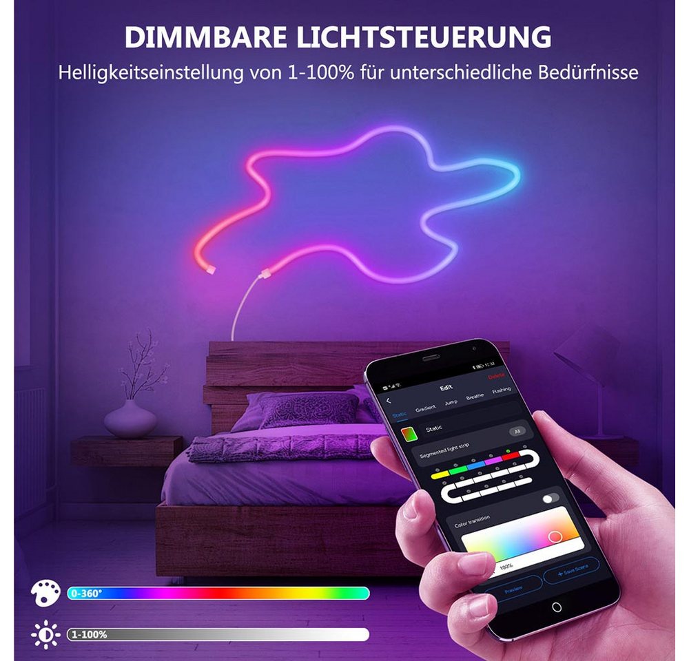 LMaxhome LED Stripe 5M Neon Streifen RGBIC Lichtband Smart Streifen Flexibler APP Steuerun, 300-flammig, 24W, Wifi, DIY, Wasserdicht, Dimmbar mit Alexa und Google Bild 4
