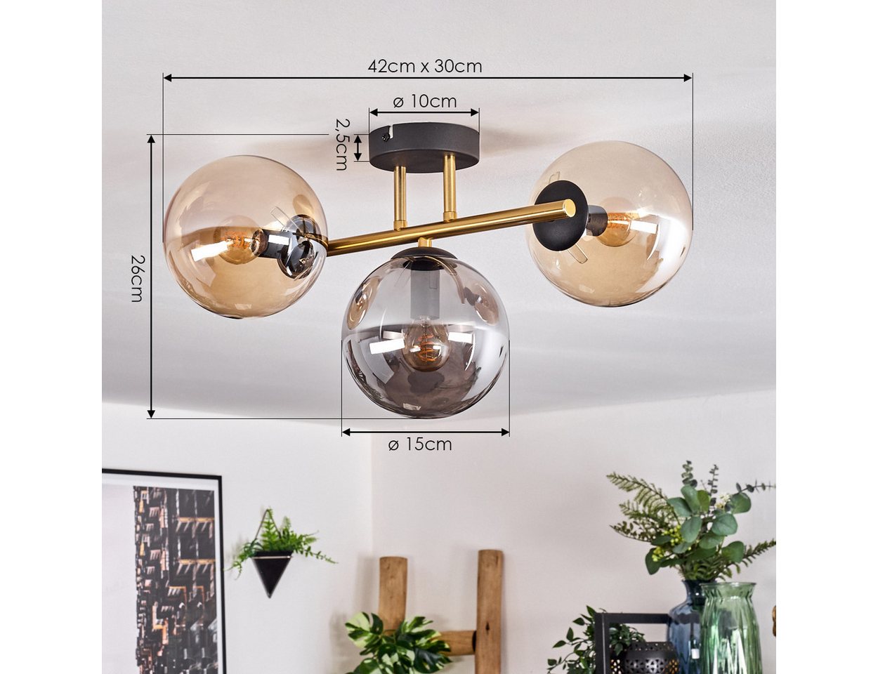 hofstein Deckenleuchte Deckenlampe aus Metall/Glas in Schwarz/Gold-/Bernstein-/Rauchfarben, ohne Leuchtmittel, Leuchte im Retro/Vintage-Design mit Glasschirm (15 cm), 3 x E14