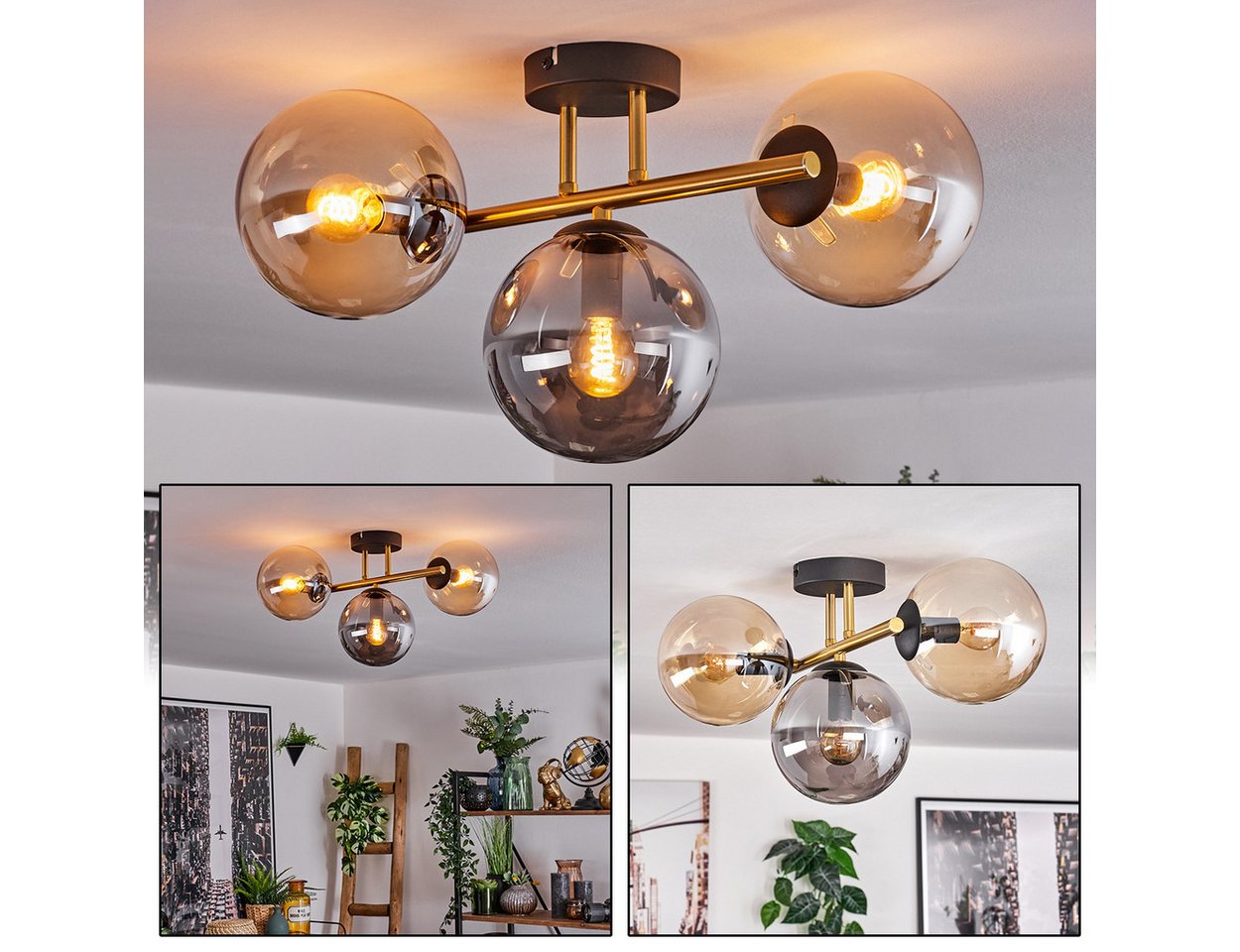 hofstein Deckenleuchte Deckenlampe aus Metall/Glas in Schwarz/Gold-/Bernstein-/Rauchfarben, ohne Leuchtmittel, Leuchte im Retro/Vintage-Design mit Glasschirm (15 cm), 3 x E14 Bild 2
