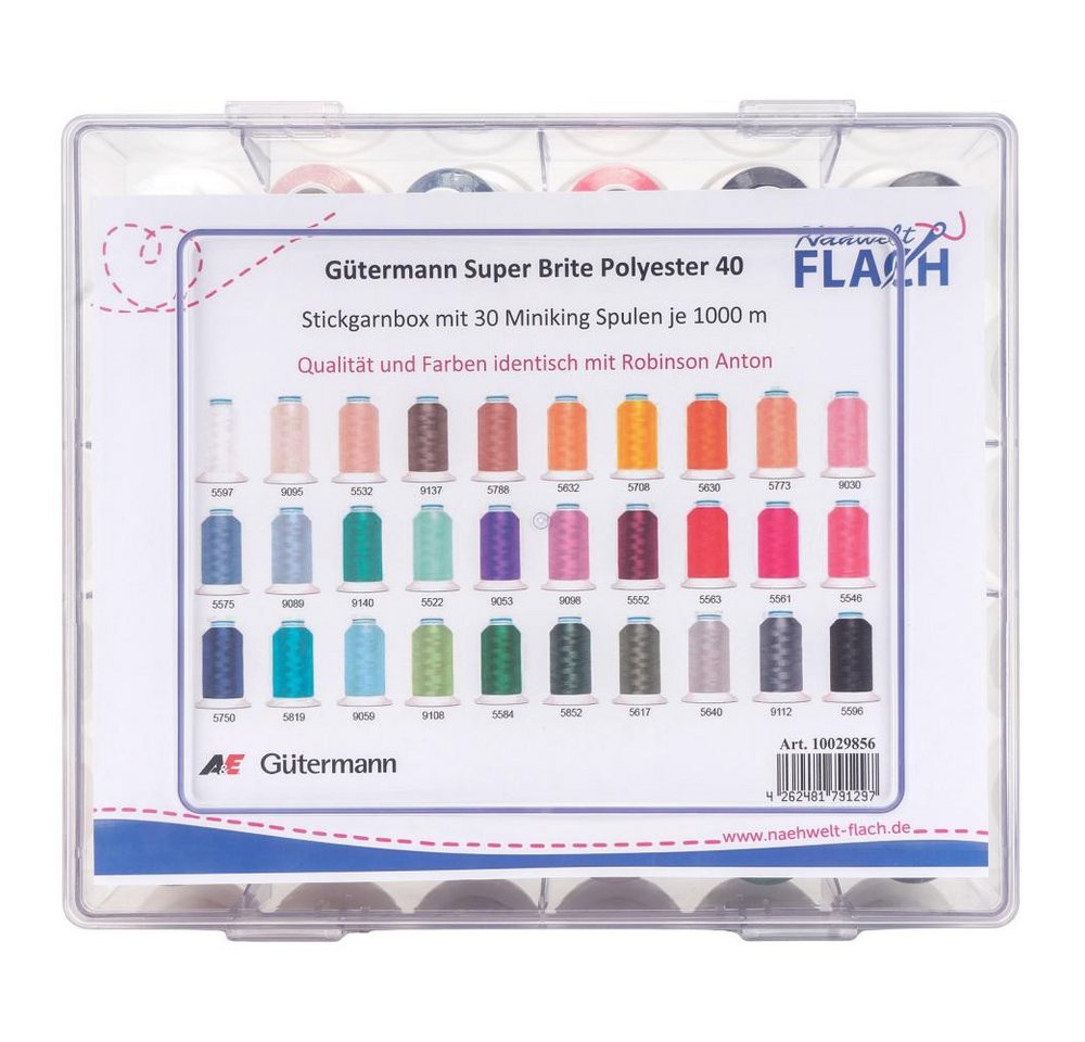 Nähwelt Flach - Garnbox gefüllt mit Gütermann Super Brite Garn, 30 Spulen / 1000m Stickgarn, (30-St)