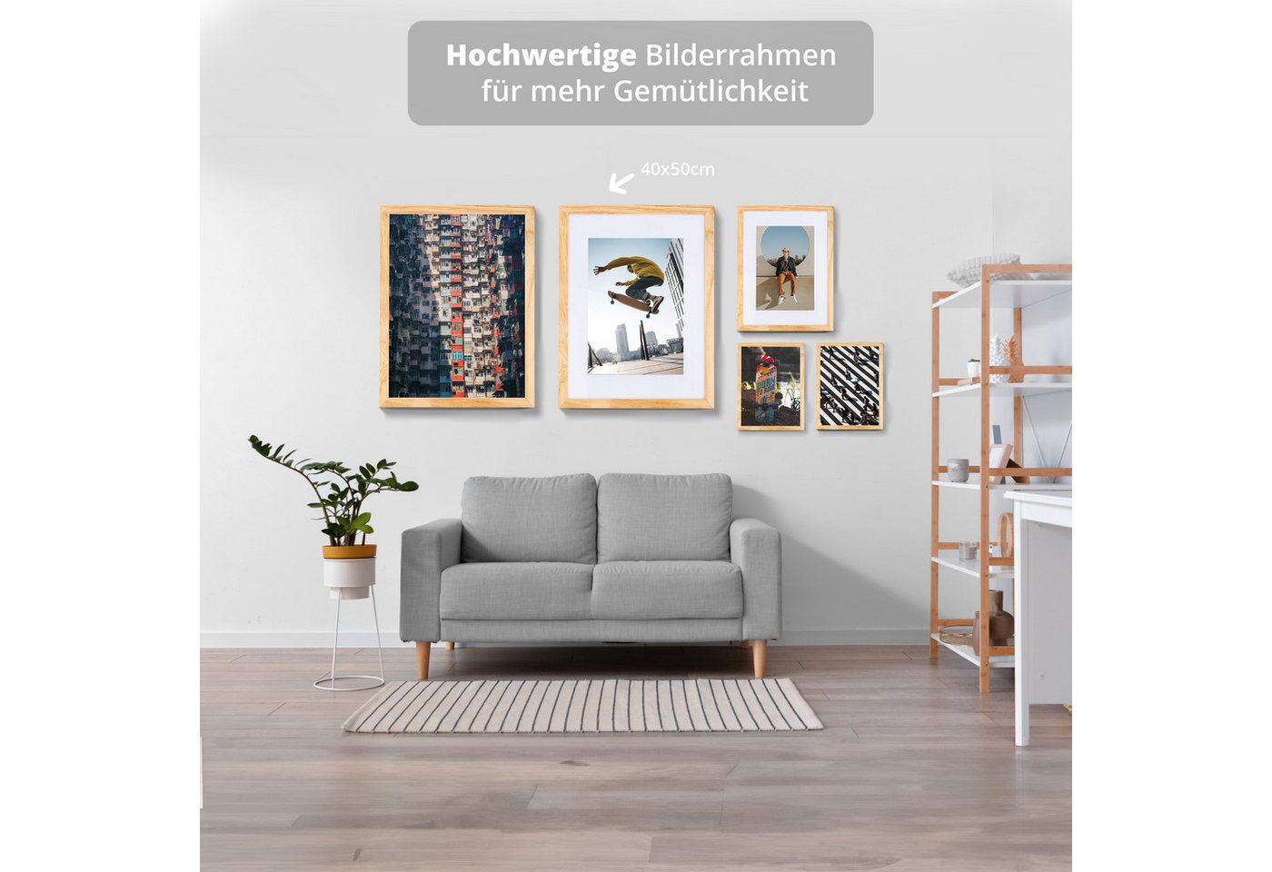 KHG Bilderrahmen 40x50 cm Natur, für 1 Bilder (stabile Glasfront, MDF-Holz-Rahmen foliert & Passepartout, 1 St), Premium-Rahmen für Fotos, Poster, Zertifikate & Collagen