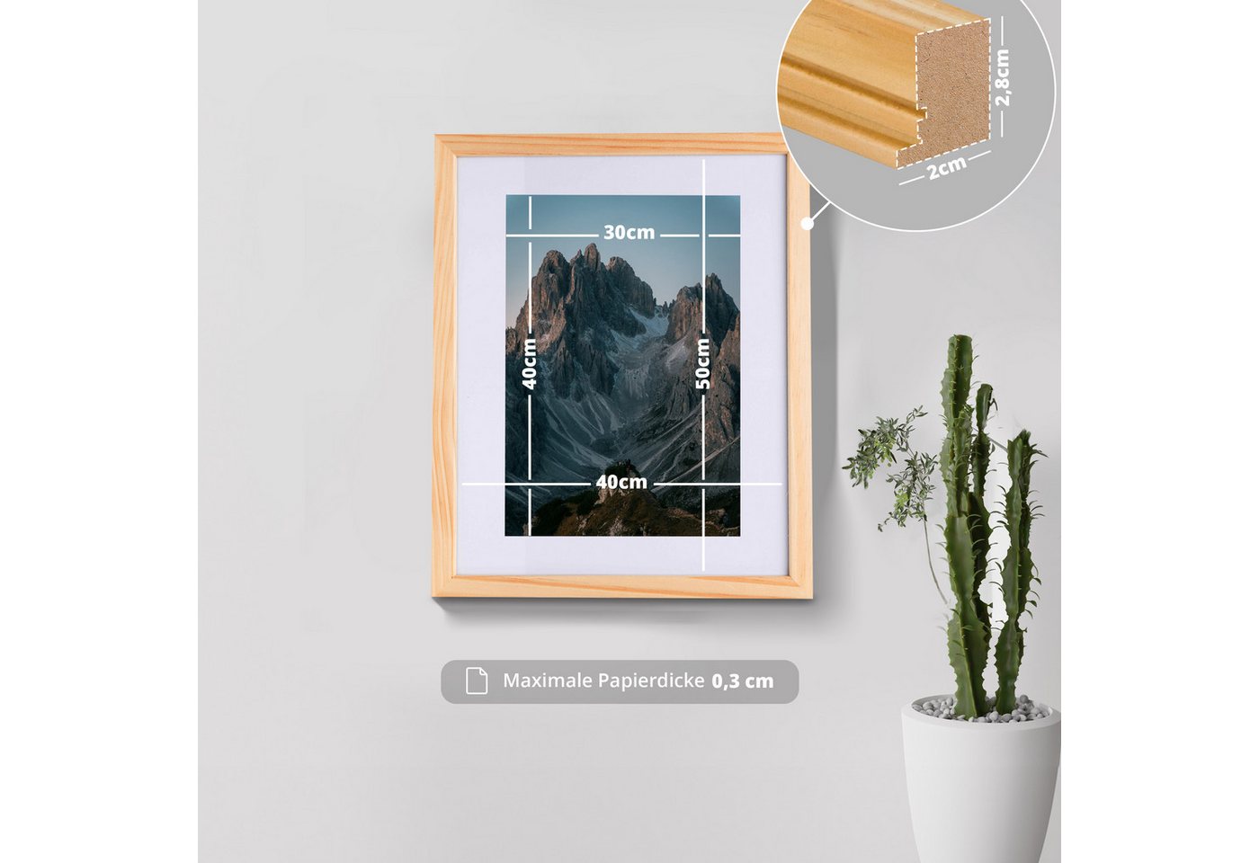 KHG Bilderrahmen 40x50 cm Natur, für 1 Bilder (stabile Glasfront, MDF-Holz-Rahmen foliert & Passepartout, 1 St), Premium-Rahmen für Fotos, Poster, Zertifikate & Collagen Bild 3