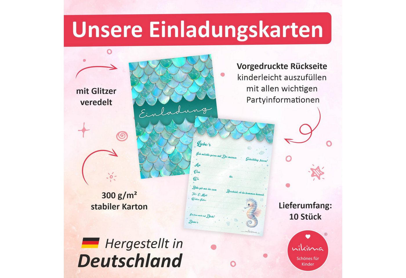 nikima Einladungskarten 10 Einladungskarten Unterwasser mit Glitzer für Kindergeburtstag Bild 4