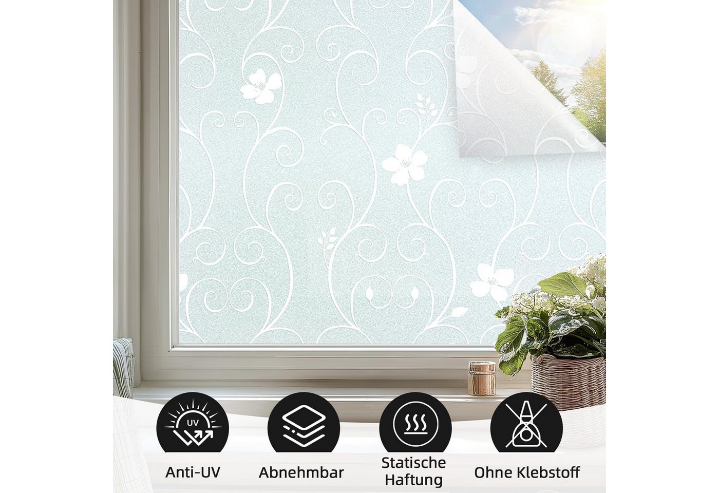 FELIXLEO Fensterfolie Fensterfolie Sichtschutzfolie Milchglasfolie Blume 90x200 cm Bild 3