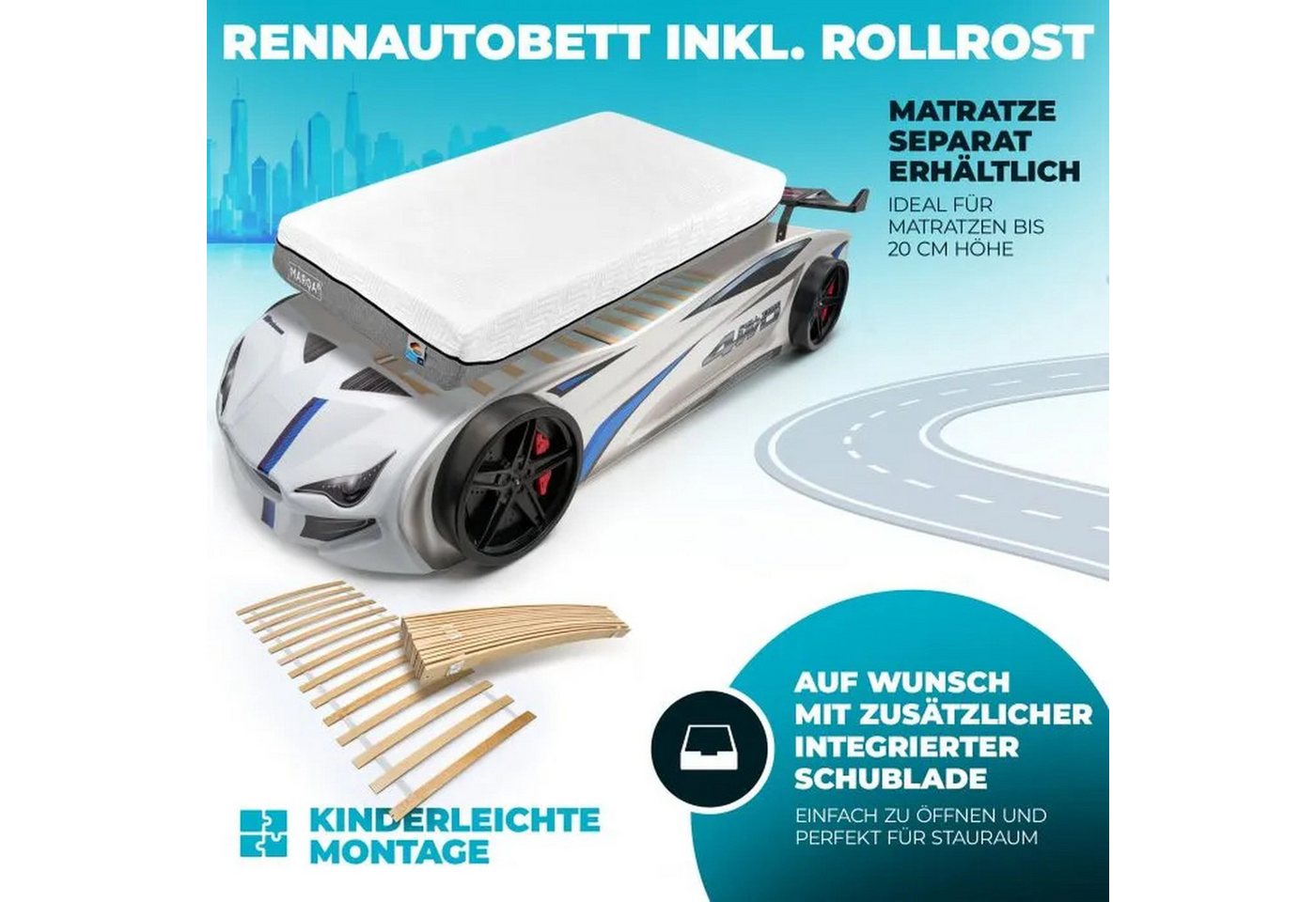 MARQA HOME Autobett Kinderbett 90x200 mit Rolllattenrost (Autobett 90x200 mit Rolllattenrost), Kinderbett Autobett 90x200 mit Rolllattenrost Bild 2