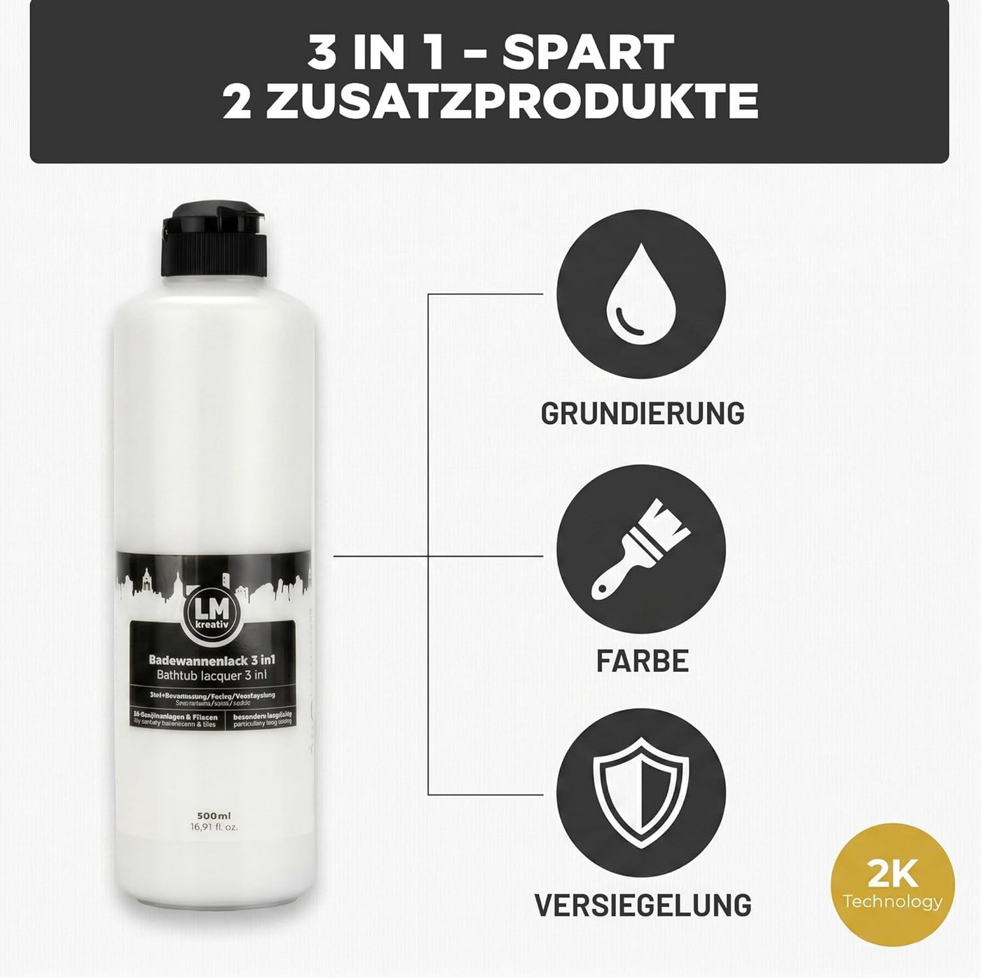 LM-Kreativ Fliesenlack Badewannen- & Fliesenlack 3in1 mit Aktivator, hochdeckend & robust, wasserbasiert, hochdeckend, wasserfest, mit Aktivator, für Bad/Fliesen Bild 2