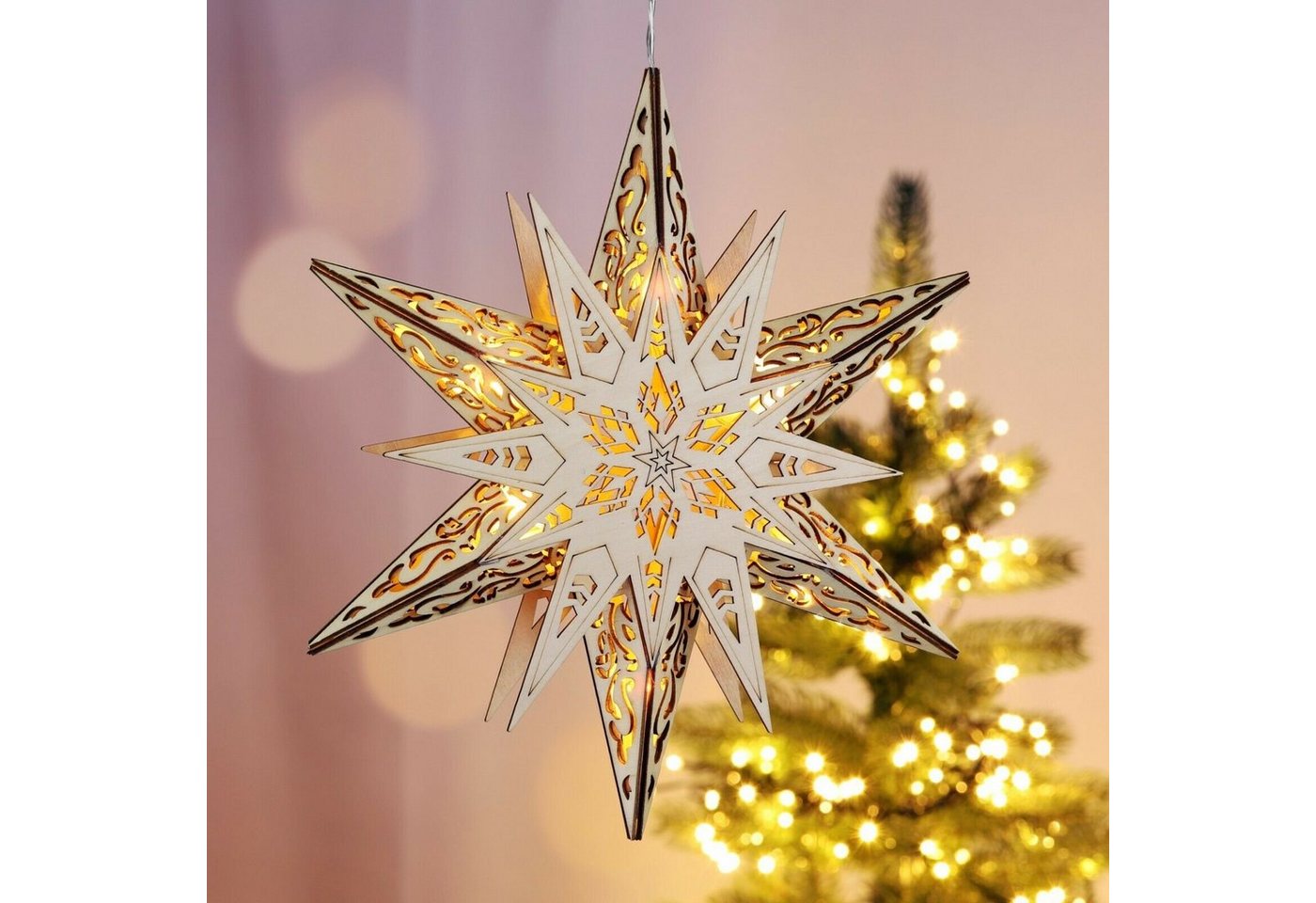 Meinposten LED-Lichtervorhang Weihnachtsstern Holzstern Ø 30cm Stern Holz Fensterdeko LED Bild 2