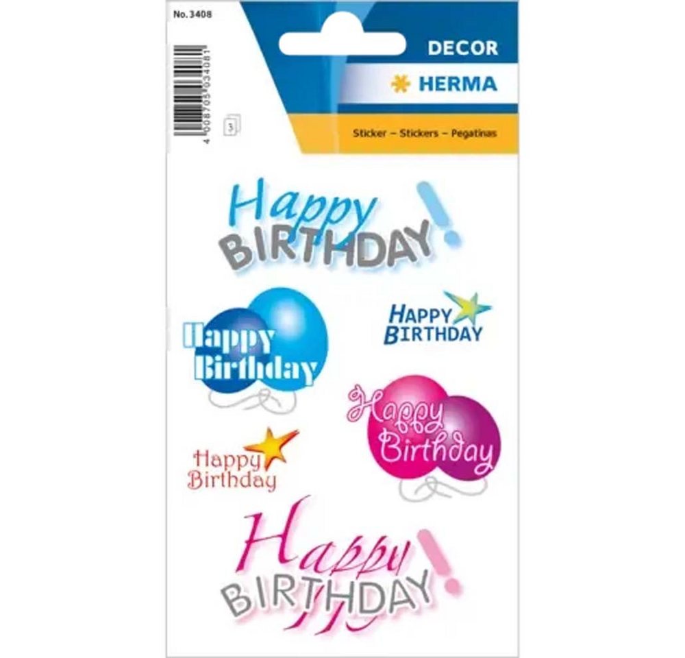 HERMA Etiketten Sticker Happy Birthday 3 Blatt 54 Stück, selbstklebend