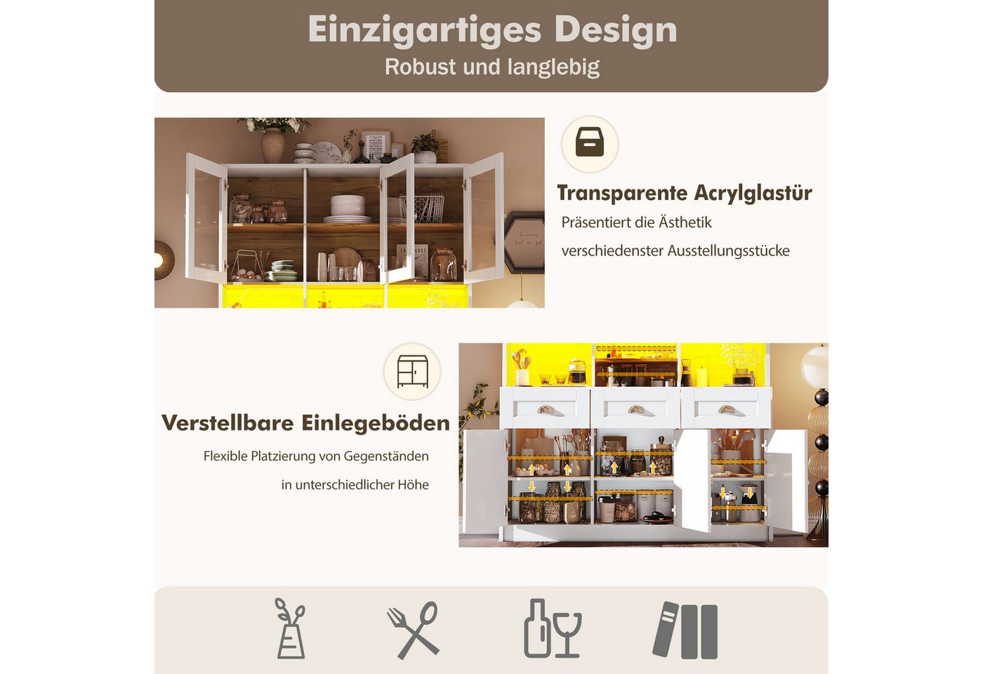 Odikalo Küchenbuffet Küchenschrank Anrichte Hochschrank Sideboard Ablagen Schwarz Weiß