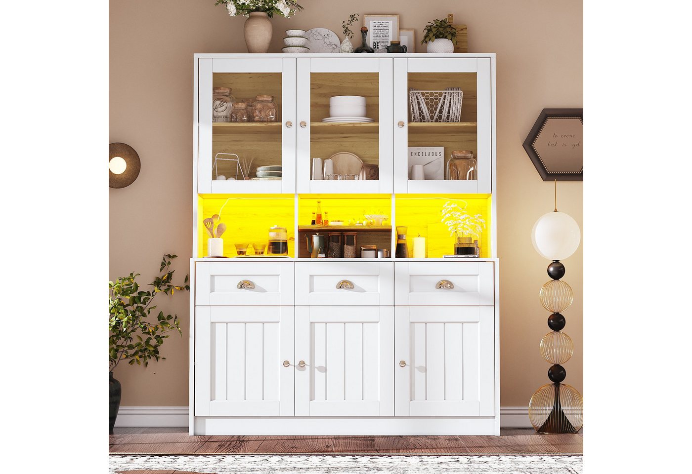 Odikalo Küchenbuffet Küchenschrank Anrichte Hochschrank Sideboard Ablagen Schwarz Weiß Bild 2