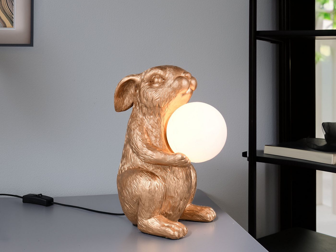 Reality Leuchten LED Nachttischlampe, Dimmfunktion, LED wechselbar, warmweiß, besondere Tischlampe ausgefallen-e Hasenlampe Gold, Höhe 28cm Bild 2