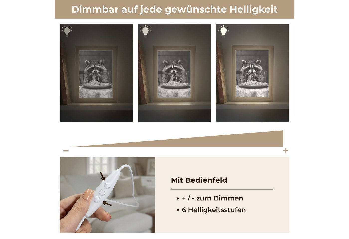 OnlyWow Tischleuchte Lightbox Waschbär - Niedlich - Pasta - Tischtuch - Schwarz - Weiß, Dimmbar, Farbwechsel, LED, Warmweiß, Kaltweiß, Neutralweiß Einstellbar, Tischlampe, Schreibtischlampe, Desk, Dimmbar, mit Kabel, LED