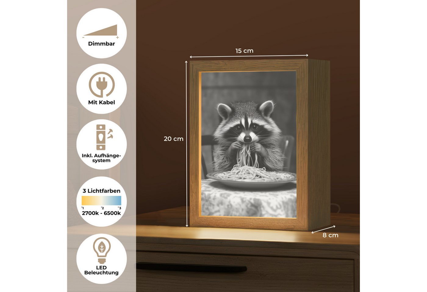 OnlyWow Tischleuchte Lightbox Waschbär - Niedlich - Pasta - Tischtuch - Schwarz - Weiß, Dimmbar, Farbwechsel, LED, Warmweiß, Kaltweiß, Neutralweiß Einstellbar, Tischlampe, Schreibtischlampe, Desk, Dimmbar, mit Kabel, LED Bild 4