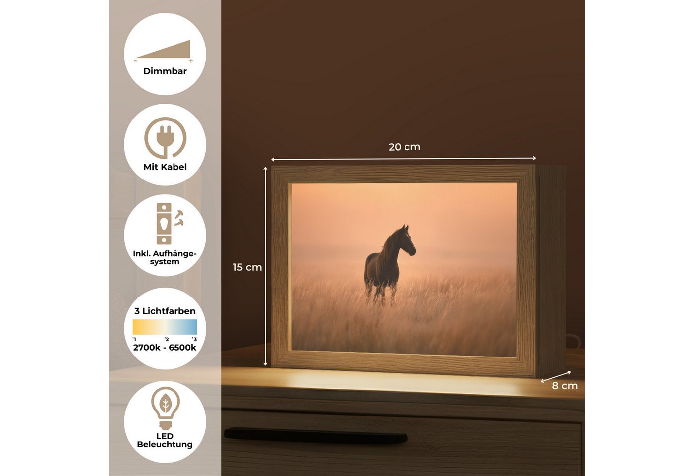 OnlyWow Tischleuchte Lightbox Pferd - Wiese - Sonnenuntergang, Dimmbar, Farbwechsel, LED, Warmweiß, Kaltweiß, Neutralweiß Einstellbar, Tischlampe, Schreibtischlampe, Desk, Dimmbar, mit Kabel, LED Bild 4