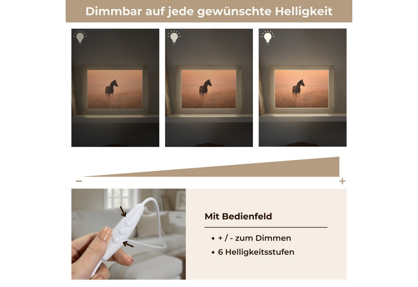 OnlyWow Tischleuchte Lightbox Pferd - Wiese - Sonnenuntergang, Dimmbar, Farbwechsel, LED, Warmweiß, Kaltweiß, Neutralweiß Einstellbar, Tischlampe, Schreibtischlampe, Desk, Dimmbar, mit Kabel, LED Bild 5