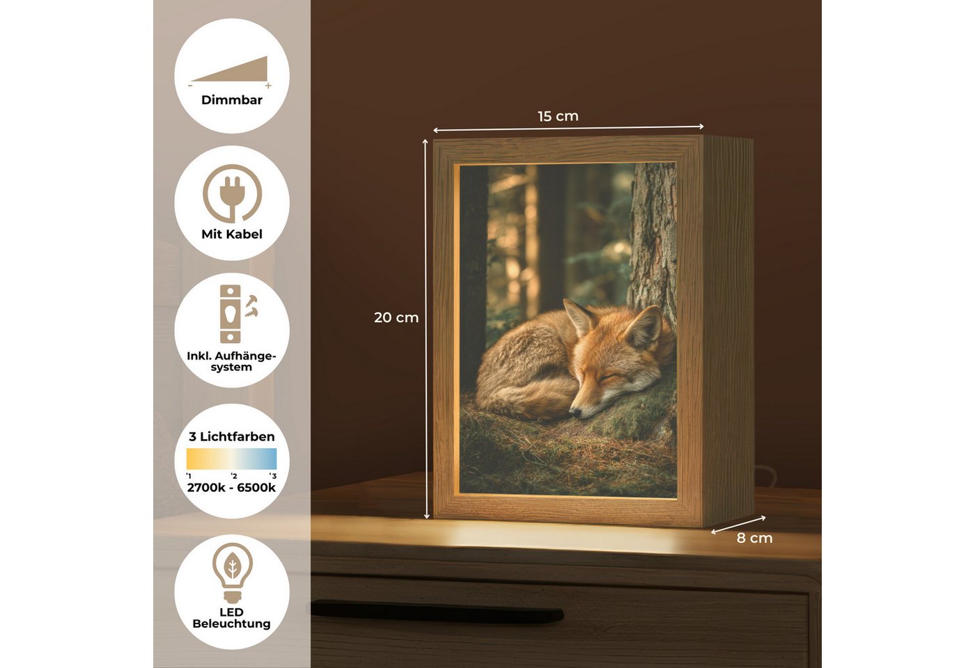 OnlyWow Tischleuchte Lightbox Fuchs - Wald - Schlaf, Dimmbar, Farbwechsel, LED, Warmweiß, Kaltweiß, Neutralweiß Einstellbar, Tischlampe, Schreibtischlampe, Desk, Dimmbar, mit Kabel, LED