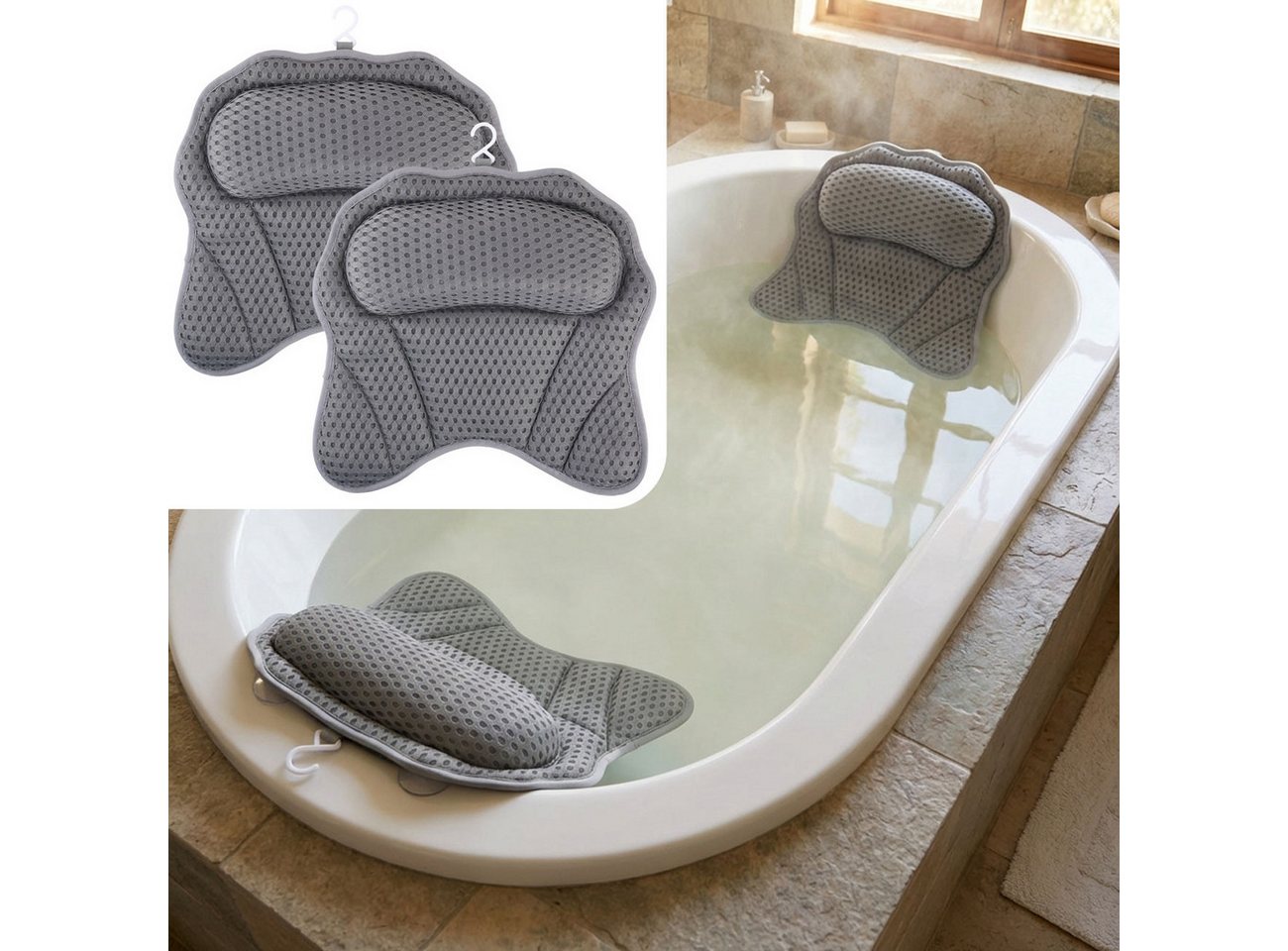 shop'n smile ideoon Badewannenkissen Ergonomisches Badewannenkissen Nackenkissen 6 Saugnäpfen & 4D Struktur, 2-tlg., 1er-Set & 2er-Set, Ergonomische Kopfstütze für Wanne & Spa, 42 x 44 x 7 cm