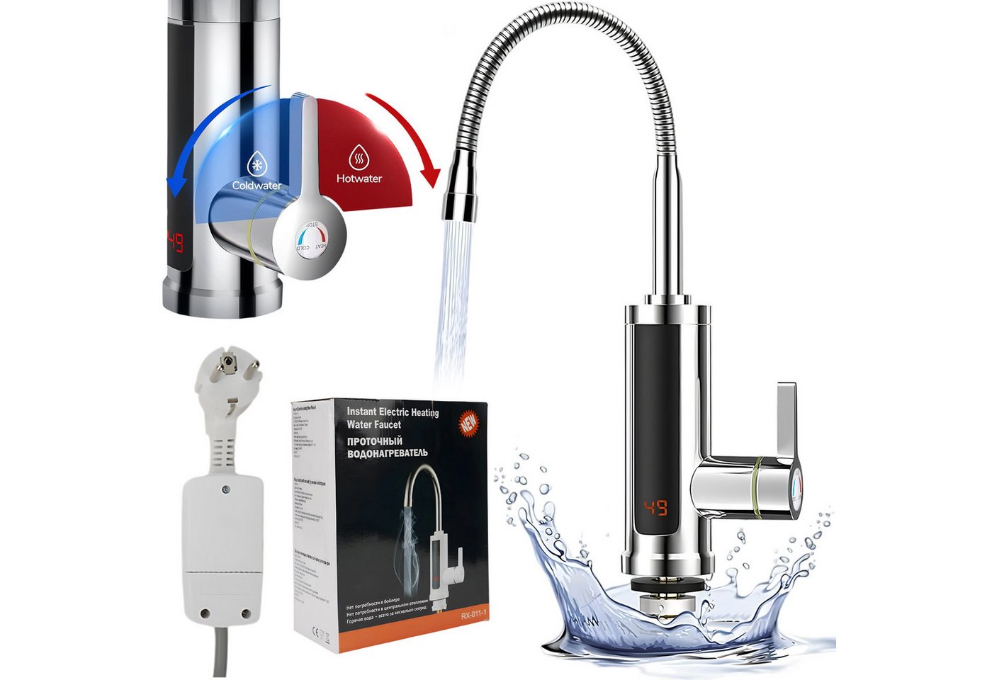 AKKEE Küchenarmatur Elektrischer Wasserhahn mit Durchlauferhitzer 360° Drehbarer LED Edelstahl Wasserhahn Küche LED Temperaturanzeige, Schnelles Aufheizen