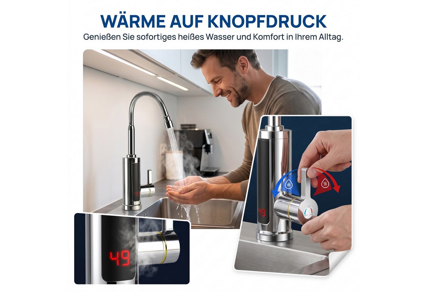AKKEE Küchenarmatur Elektrischer Wasserhahn mit Durchlauferhitzer 360° Drehbarer LED Edelstahl Wasserhahn Küche LED Temperaturanzeige, Schnelles Aufheizen Bild 2