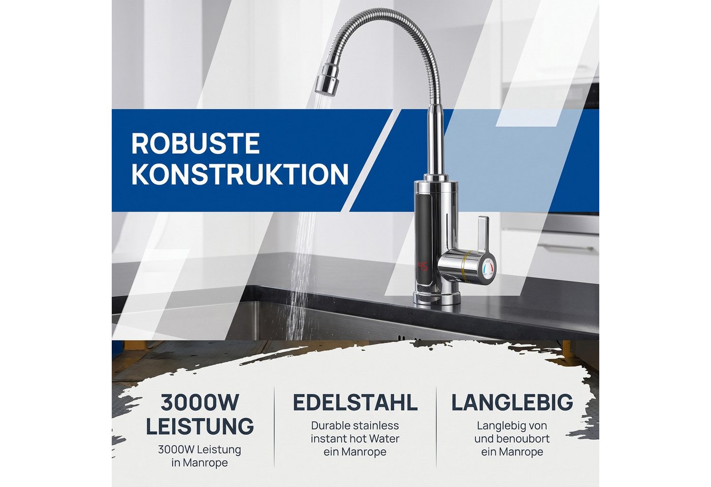 AKKEE Küchenarmatur Elektrischer Wasserhahn mit Durchlauferhitzer 360° Drehbarer LED Edelstahl Wasserhahn Küche LED Temperaturanzeige, Schnelles Aufheizen Bild 3