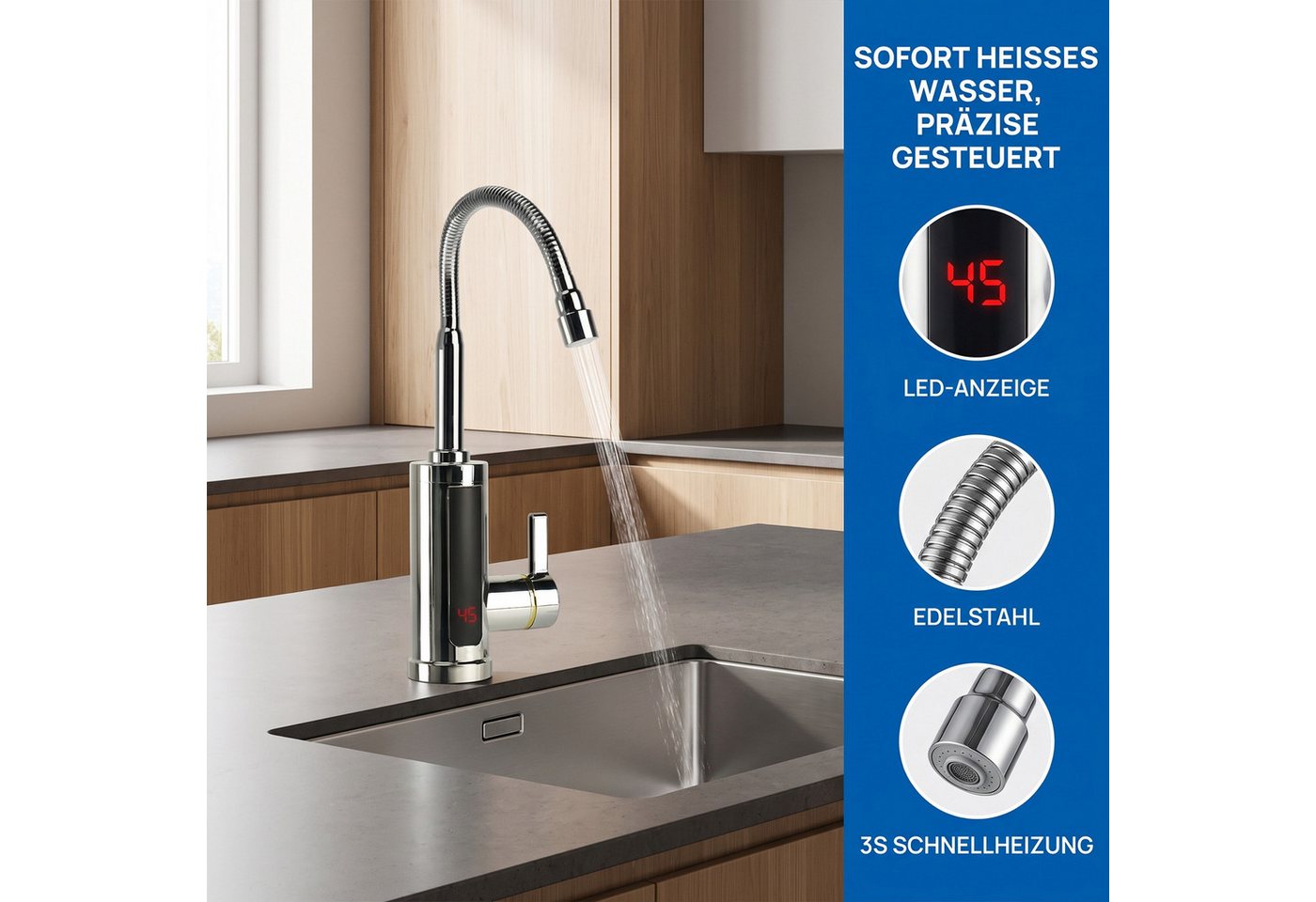 AKKEE Küchenarmatur Elektrischer Wasserhahn mit Durchlauferhitzer 360° Drehbarer LED Edelstahl Wasserhahn Küche LED Temperaturanzeige, Schnelles Aufheizen Bild 4