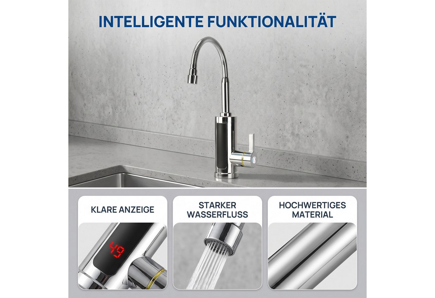 AKKEE Küchenarmatur Elektrischer Wasserhahn mit Durchlauferhitzer 360° Drehbarer LED Edelstahl Wasserhahn Küche LED Temperaturanzeige, Schnelles Aufheizen Bild 5