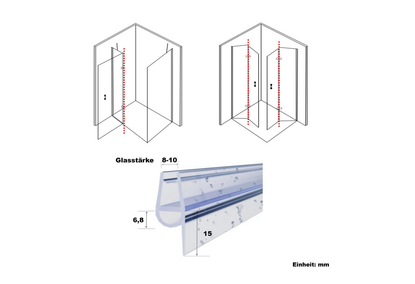 WITEN&NOCK Duschdichtung 2x Bodendichtung Türdichtung Wasserabweiser Dichtungsprofile 8-10 mm, L: 60 cm, L: 50 - 200 cm, (2-St)