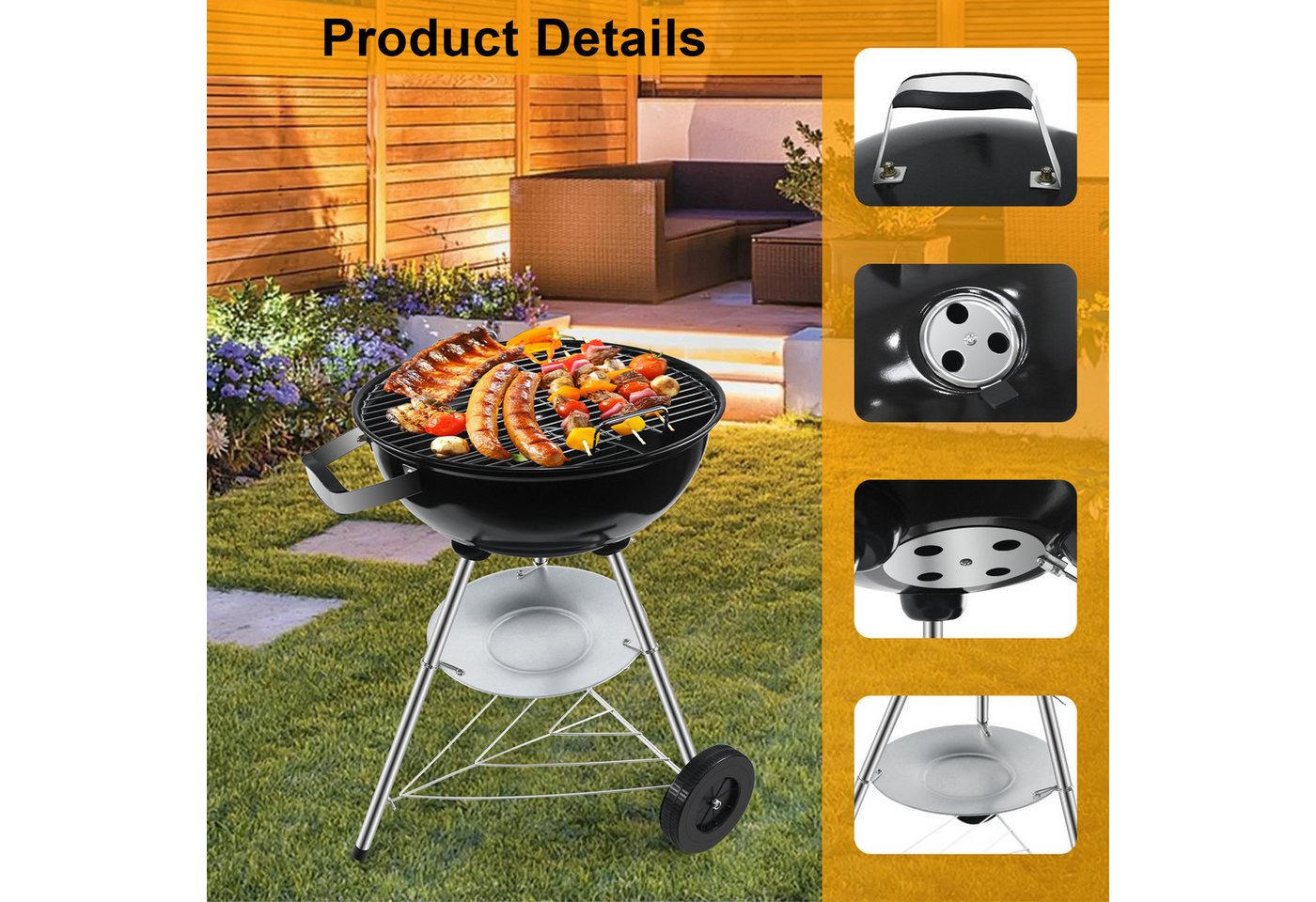 SunJas Holzkohlegrill Kugelgrill Holzkohle mit Deckel und Rädern, Mobiler Emaille Holzkohlegrill, Grillrostmaße Ø41.5cm für 4-6 Personen Bild 2