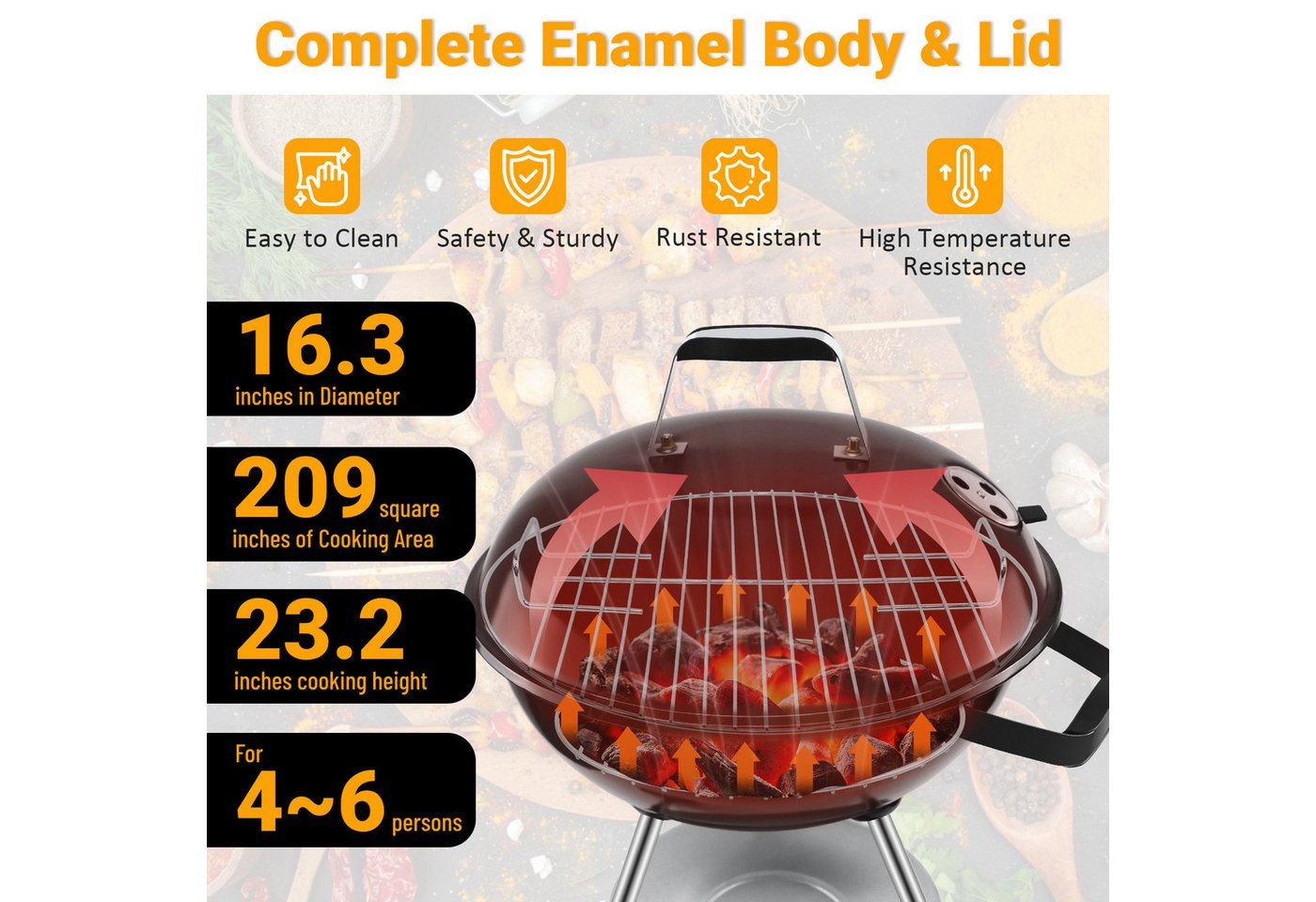 SunJas Holzkohlegrill Kugelgrill Holzkohle mit Deckel und Rädern, Mobiler Emaille Holzkohlegrill, Grillrostmaße Ø41.5cm für 4-6 Personen Bild 3