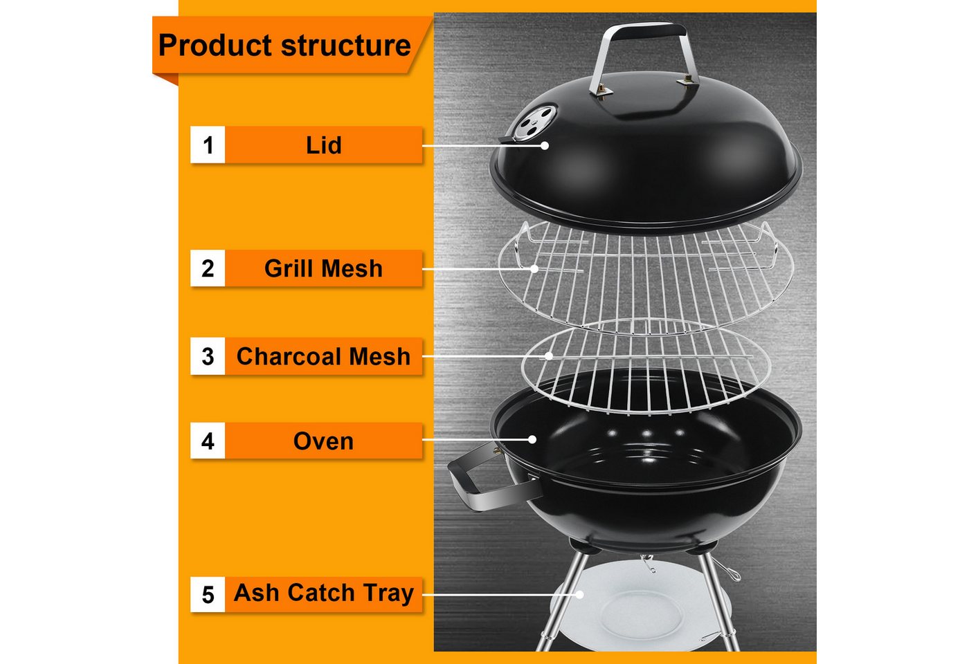 SunJas Holzkohlegrill Kugelgrill Holzkohle mit Deckel und Rädern, Mobiler Emaille Holzkohlegrill, Grillrostmaße Ø41.5cm für 4-6 Personen Bild 4