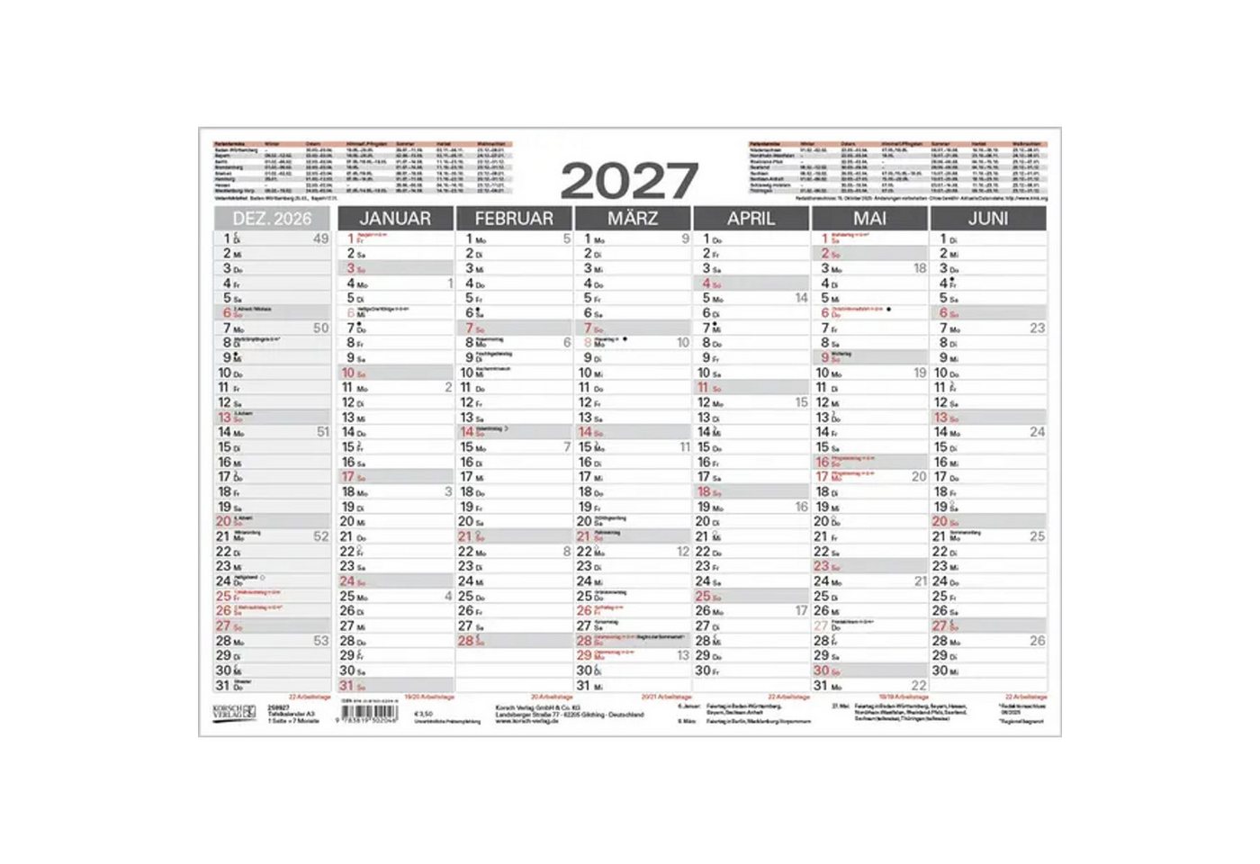 Korsch Verlag Wandkalender Tafelkalender A3 2027