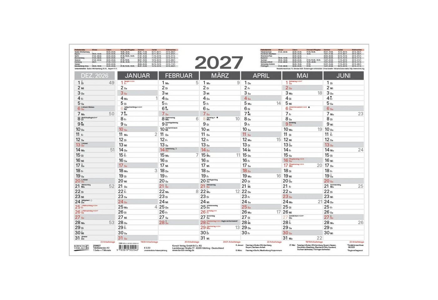 Korsch Verlag Wandkalender Tafelkalender A3 2027 Bild 2