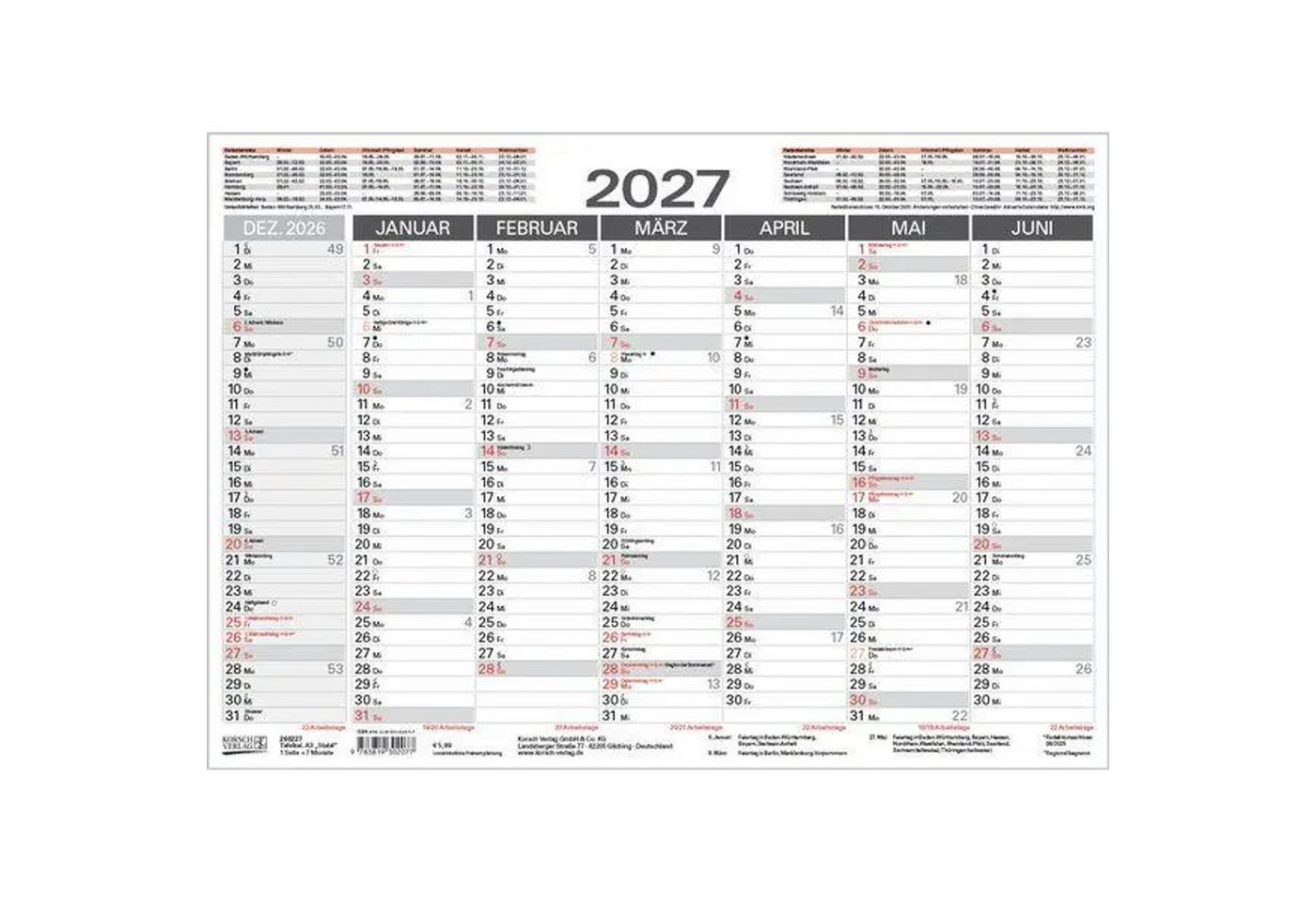 Korsch Verlag Wandkalender Tafelkalender A3 "Stabil" 2027