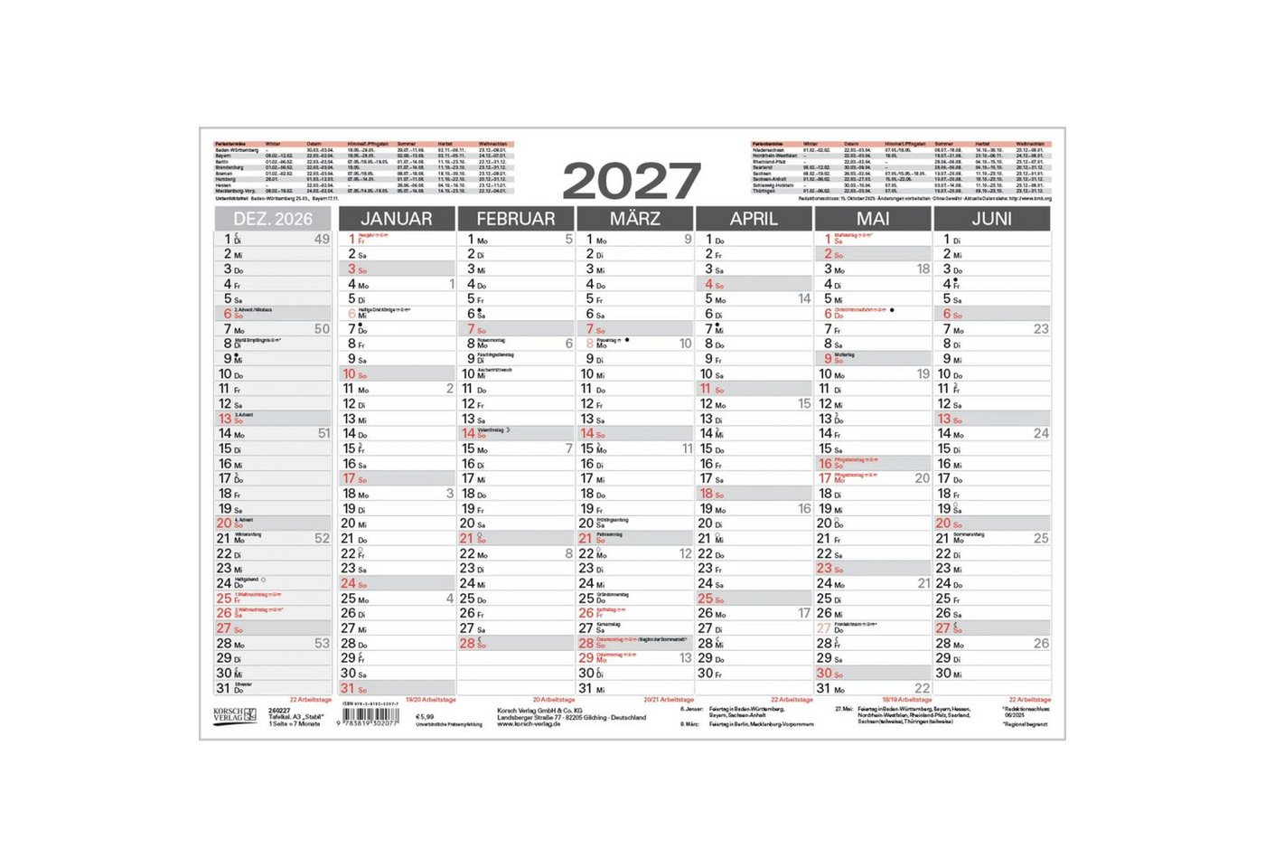 Korsch Verlag Wandkalender Tafelkalender A3 "Stabil" 2027 Bild 2