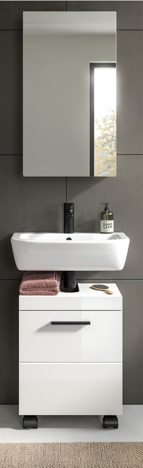 Inn.Furn Badmöbel-Set Talerno, (Badezimmer 2-teilig in Weiß Hochglanz, Breite 40 cm), Schrank auf Rollen, ideal für kleine Bäder oder Gäste-WC