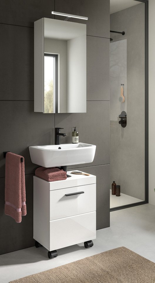 Inn.Furn Badmöbel-Set Talerno, (Badezimmer 2-teilig in Weiß Hochglanz, Breite 40 cm), Schrank auf Rollen, ideal für kleine Bäder oder Gäste-WC Bild 2