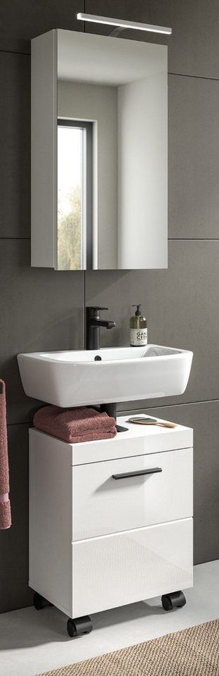 Inn.Furn Badmöbel-Set Talerno, (Badezimmer 2-teilig in Weiß Hochglanz, Breite 40 cm), Schrank auf Rollen, ideal für kleine Bäder oder Gäste-WC Bild 3