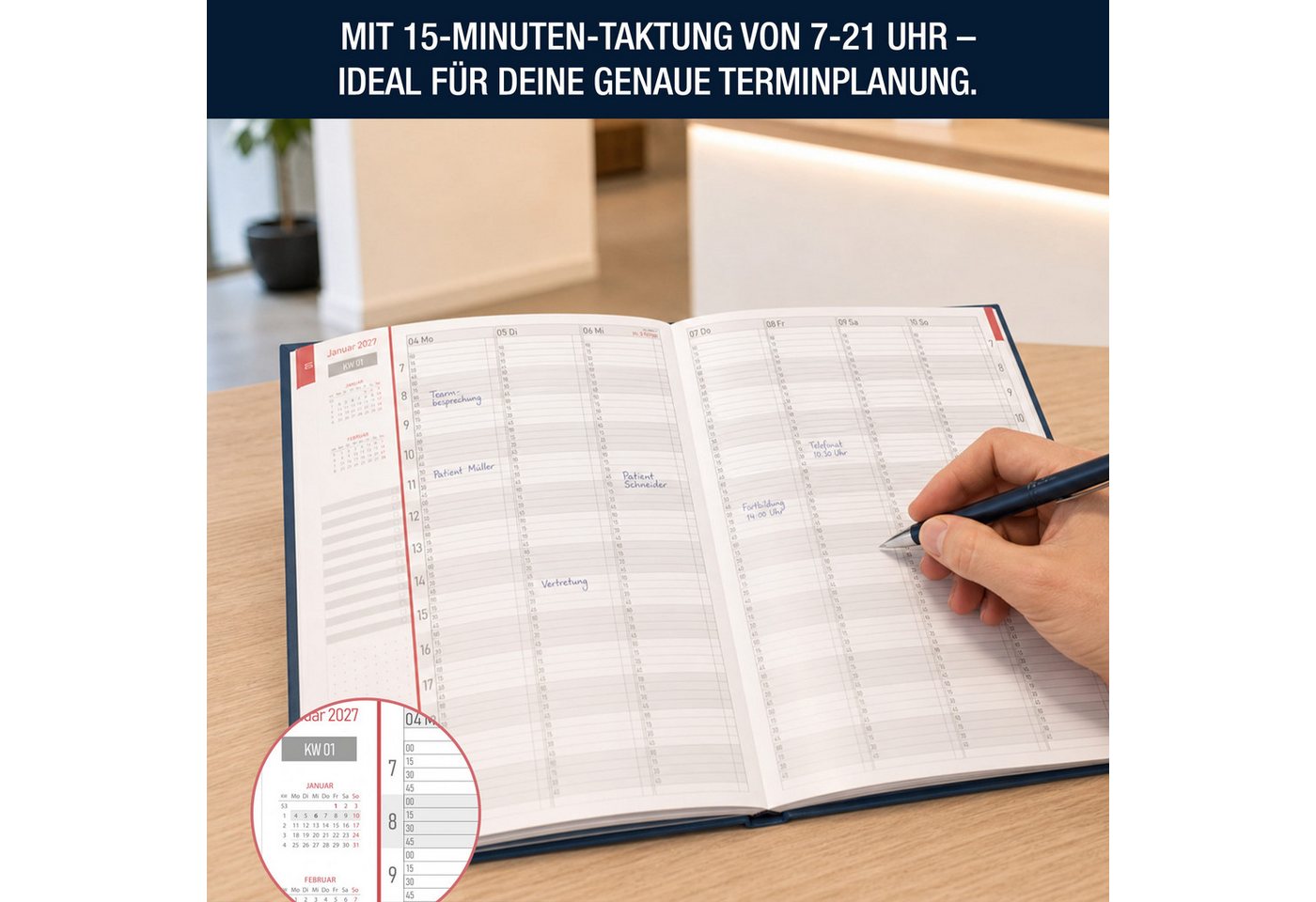 TOBJA Buchkalender Praxisplaner 2027 A4 Navy Hardcover Arztpraxis 15 Min Takt FSC, Hardcover Layflat, A4, 15-Min-Takt 7-21 Uhr, FSC, 23 Mitarbeiter-Plan Bild 2
