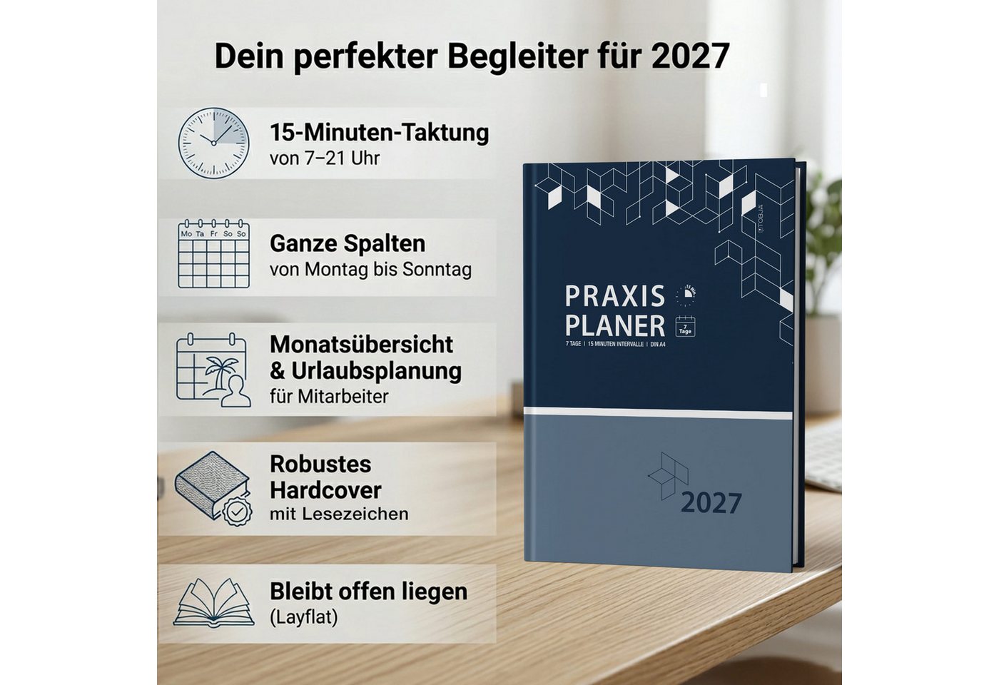 TOBJA Buchkalender Praxisplaner 2027 A4 Navy Hardcover Arztpraxis 15 Min Takt FSC, Hardcover Layflat, A4, 15-Min-Takt 7-21 Uhr, FSC, 23 Mitarbeiter-Plan Bild 5