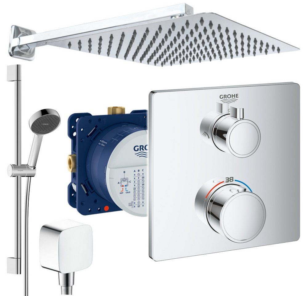 Grohe und Jowi Duscharmatur Grohtherm Grohtherm Duschsystem, mit Hansgrohe Brausegarnitur 650mm (Unterputz-Duschsystem, mit 650mm Brausestange) Thermostat